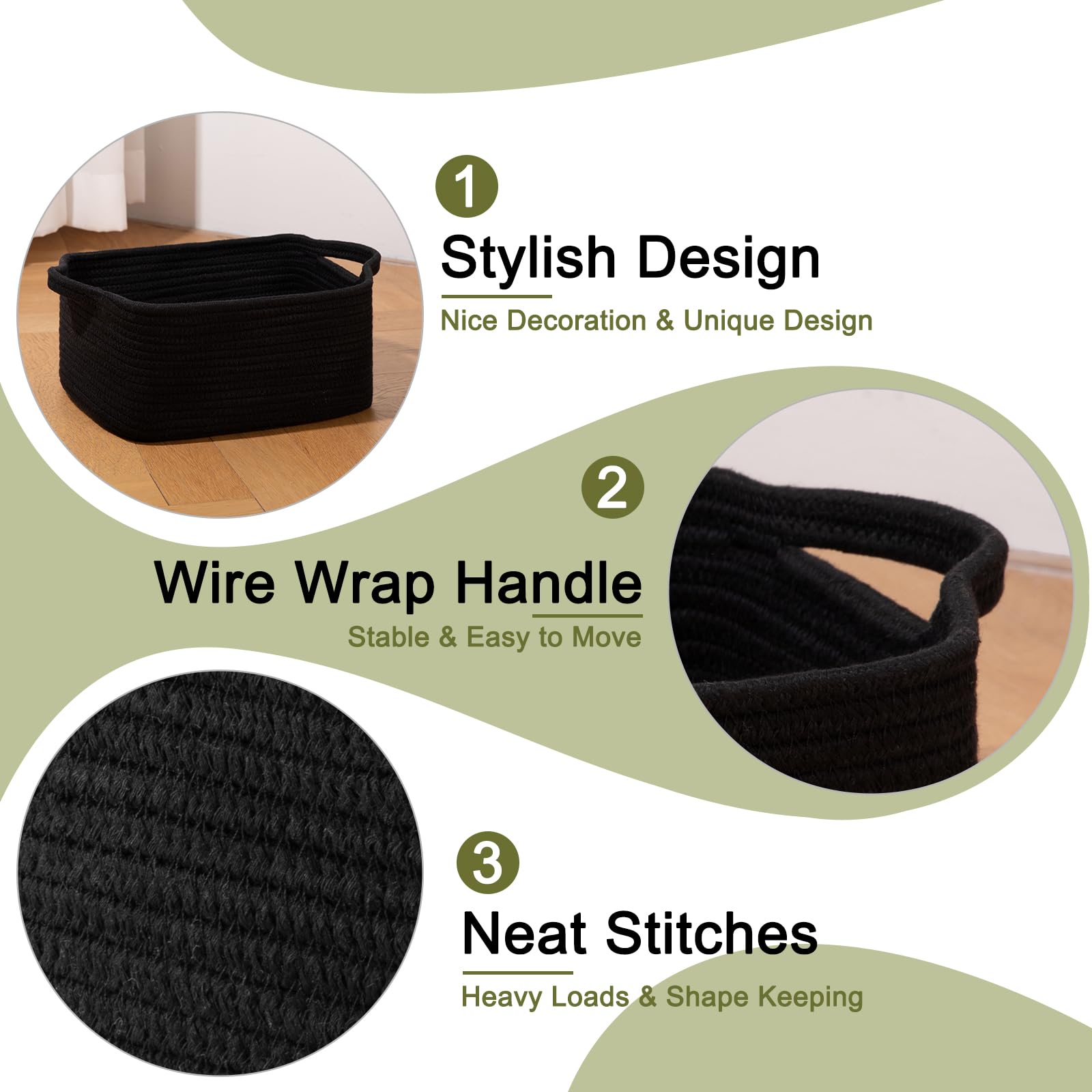 Oiahomy Cotton Rope Woven Baskets For Storage, Nursery Rectangle Storage Basket With Handles For Shelves, Pack Of 3, Black