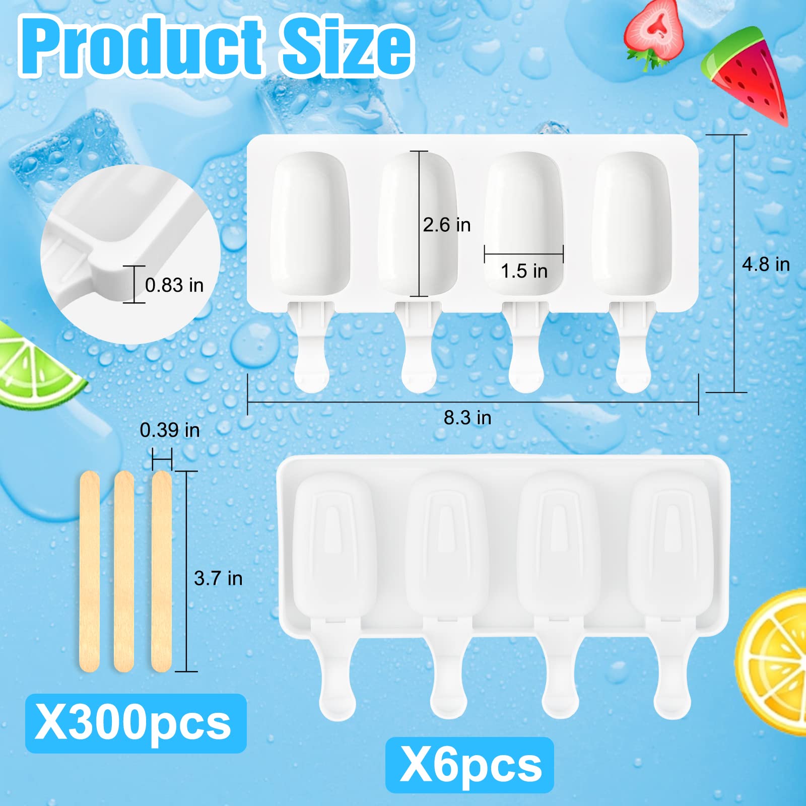 6 Set Silicone Popsicle Molds Ice Cream Mould 4 Cavity Ice Lolly Mold White Oval Cake Pop Mold With 300 Pieces Wooden Sticks For
