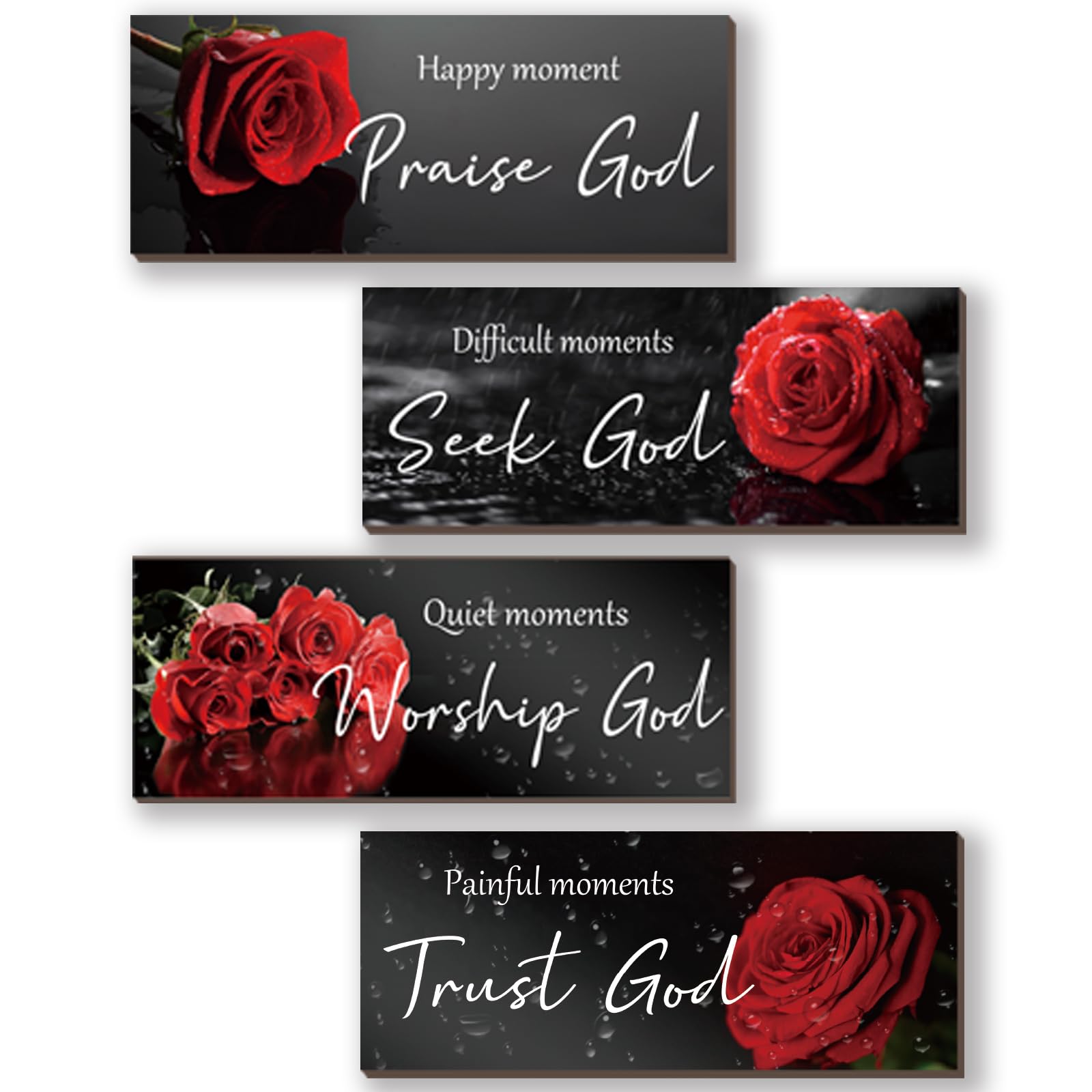 ONIZHITY 4 Pcs Red Bathroom Decor Religious Wall Art Bible Verse Inspirational Red Rose Wall Decor Rustic Flower Wooden Christia