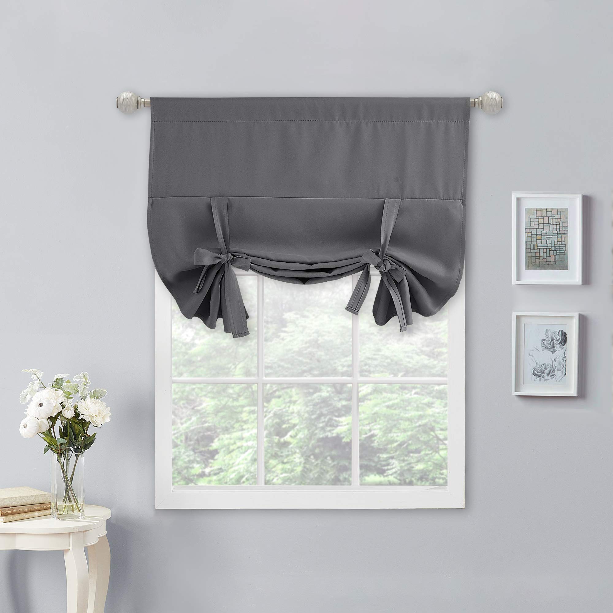 NICETOWN Blackout Short Kitchen Curtain - Roll Up Window Tie Up Shades for Campers/Bathroom Window/Thanksgiving (1 Piece, Gray, 