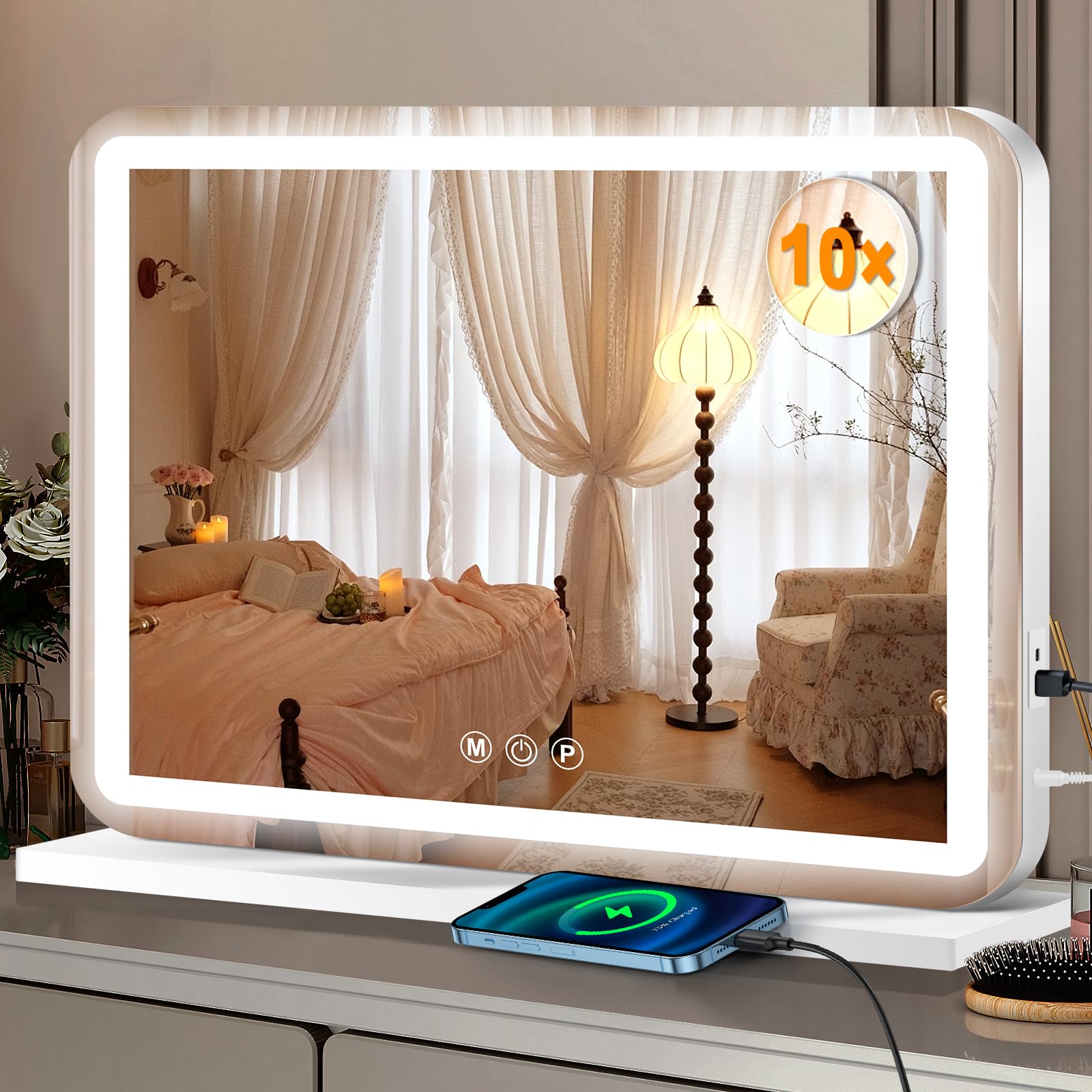 Ratsamee Vanity Mirror With Lights, Led Makeup Mirror,Smart Touch 3 Color Lights, Aluminum Metal Frame,Usb Charging Port(23'' X