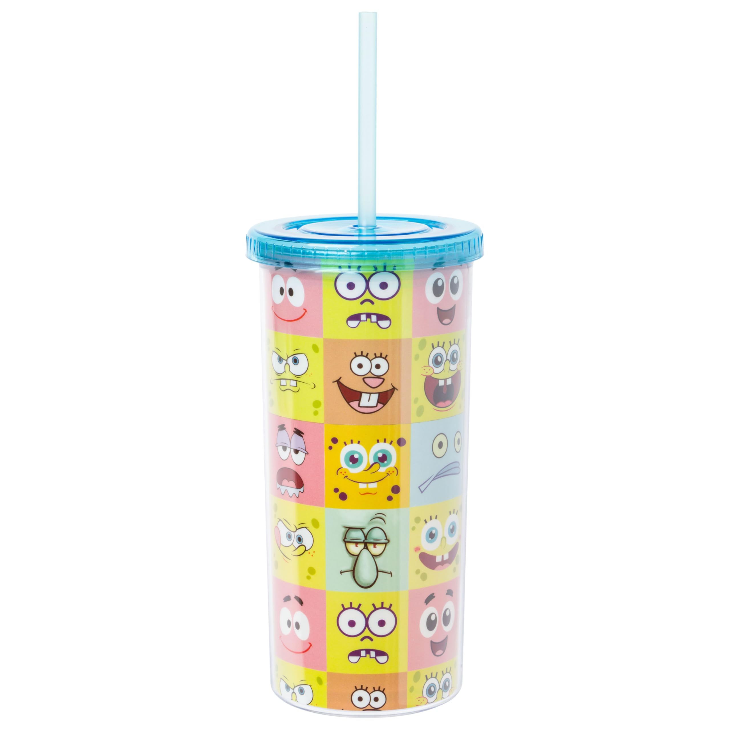 Silver Buffalo SpongeBob SquarePants Plastic Tall Cold Cup with Lid and Straw Featuring SpongeBob SquarePants, Squidward, Patric