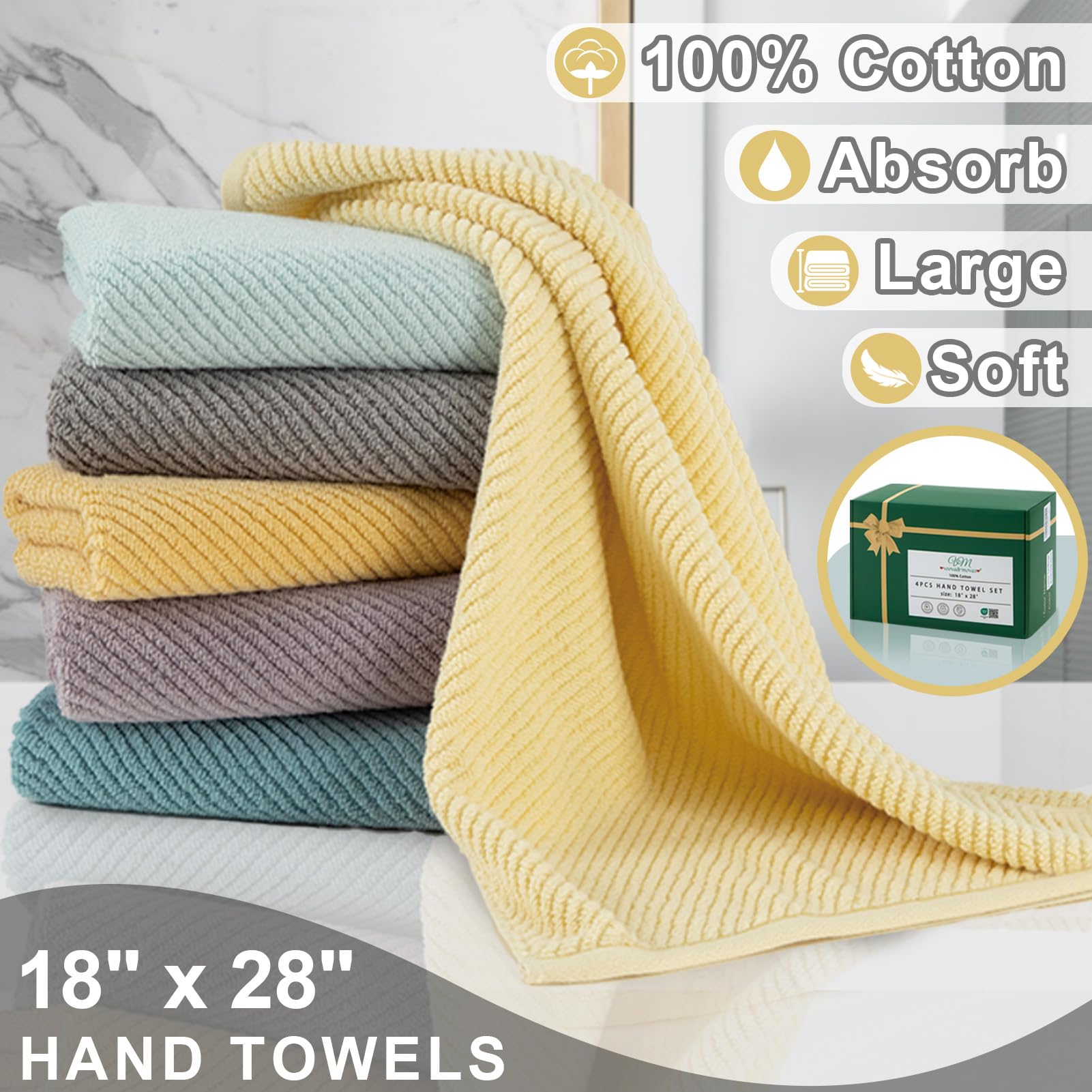 Voova & Movas Yellow Hand Towels For Bathroom, 4 Pack Large 18'' X 28'' - 100% Cotton | Lightweight | Thick | Quick Dry | Soft |
