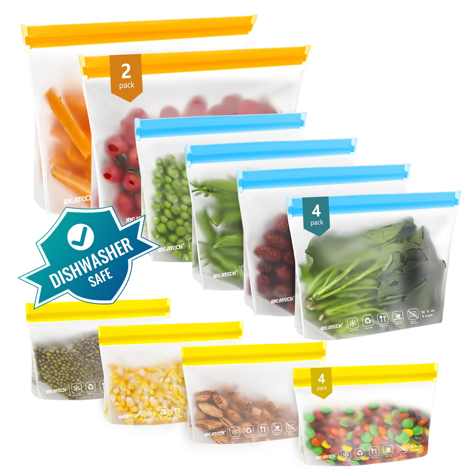 Ideatech Reusable Storage Bags Dishwasher Safe, 10 Pack Bpa Free Peva Reusable Freezer Bags,Reusable Gallon Bags, Reusable Sandw