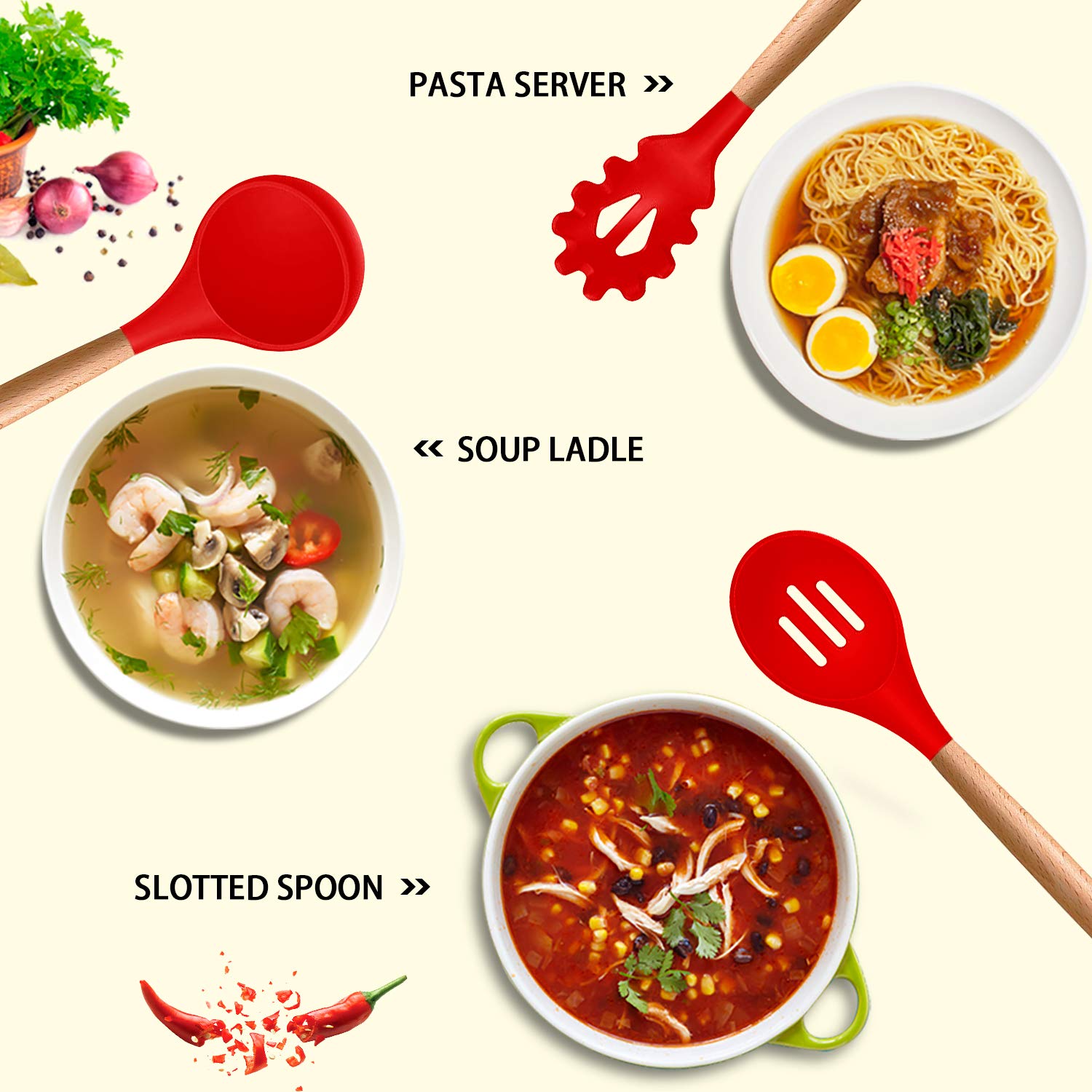 Mibote Silicone Cooking Utensils Kitchen Utensil Set - 446F Heat Resistant,Turner Tongs, Spatula, Spoon, Whisk, Wooden Handle Ki