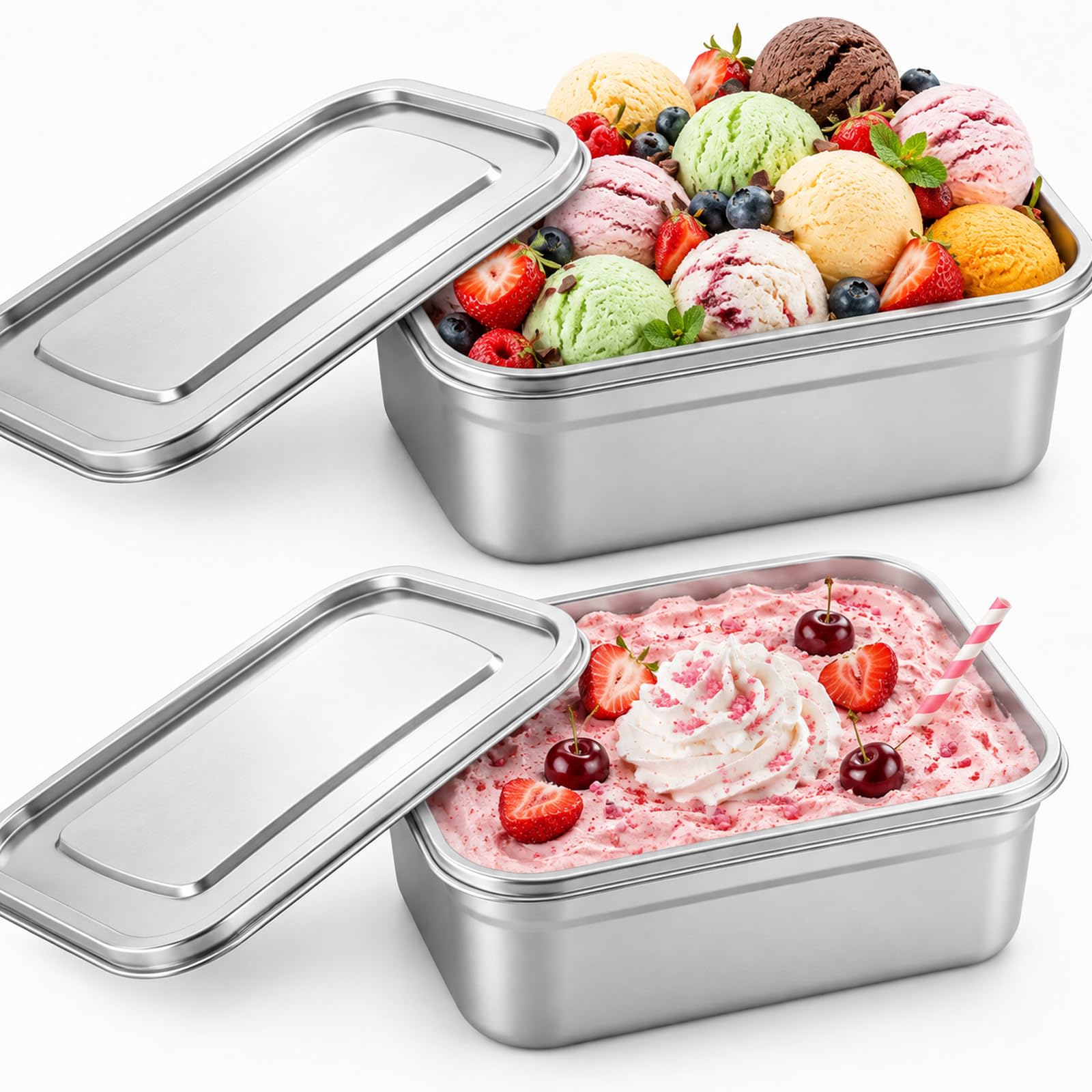 HOLDZEXA Stainless Steel Ice Cream Containers with Steel Lids, 2 Qt, 2Pack