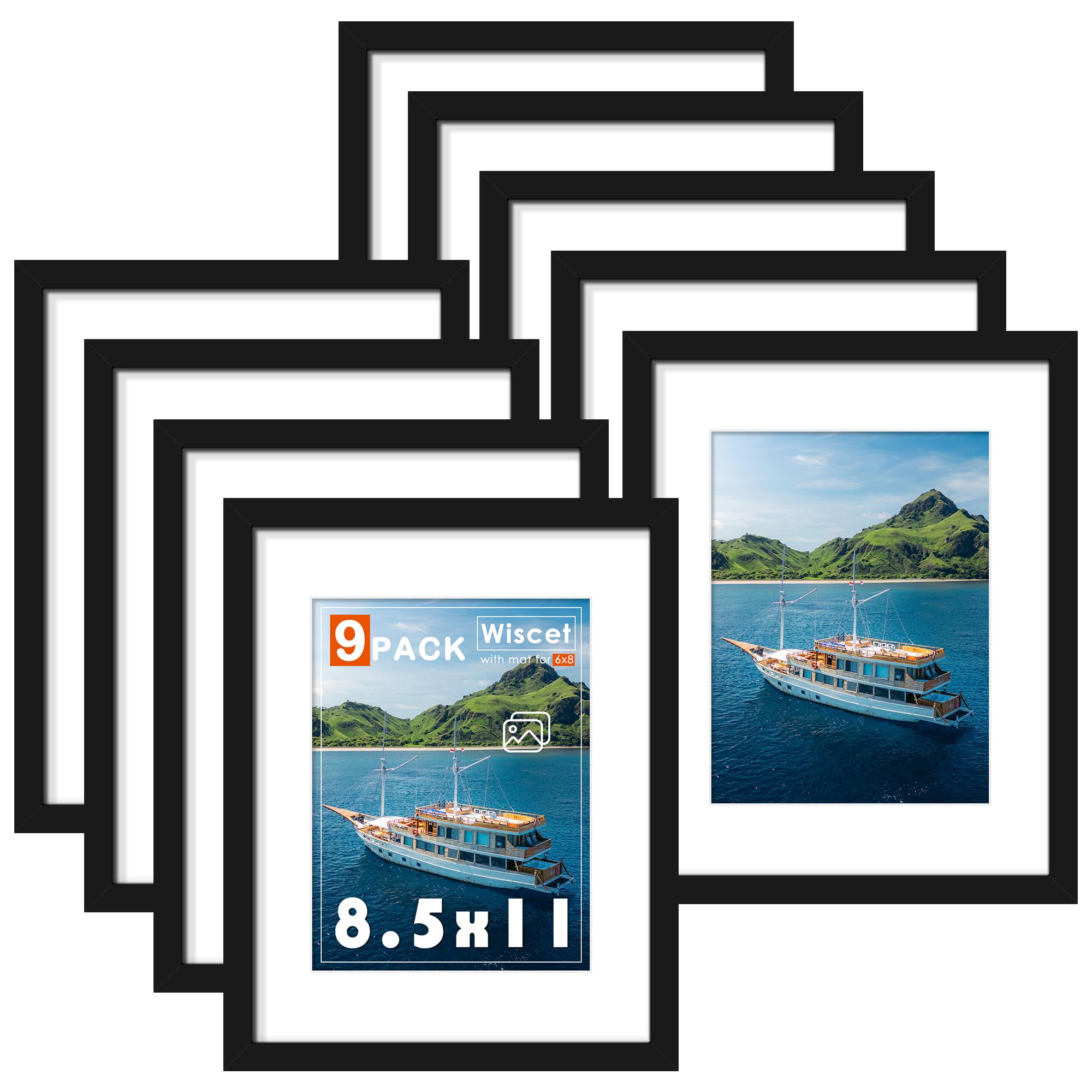 Wiscet 8.5x11 Picture Frame Set of 9, Display Pictures 6x8 with Mat or 8.5x11 Without Mat, Photo Frame for Wall Mounting or Tabl