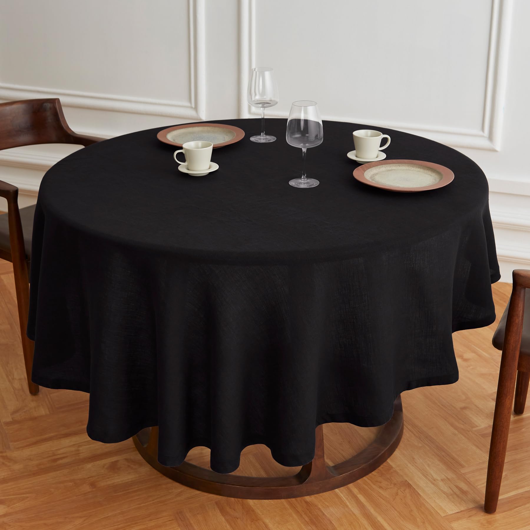 Solino Home Black Linen Round Tablecloth 60 Inch Diameter - Sonoma, 100% Pure Linen Prewashed Table Cloth - Machine Washable Tab