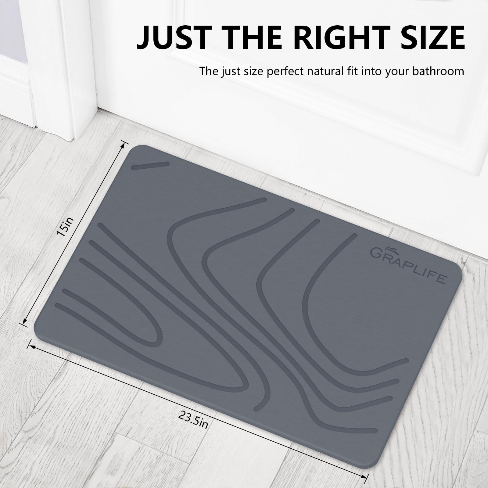 Graplife - Stone Bath Mat  Diatomaceous Earth Shower Mat  Non-Slip Super Absorbent Quick Drying Bathroom Floor Mat  Natural  Easy to Clean (23.5 x 15 Darkgrey)