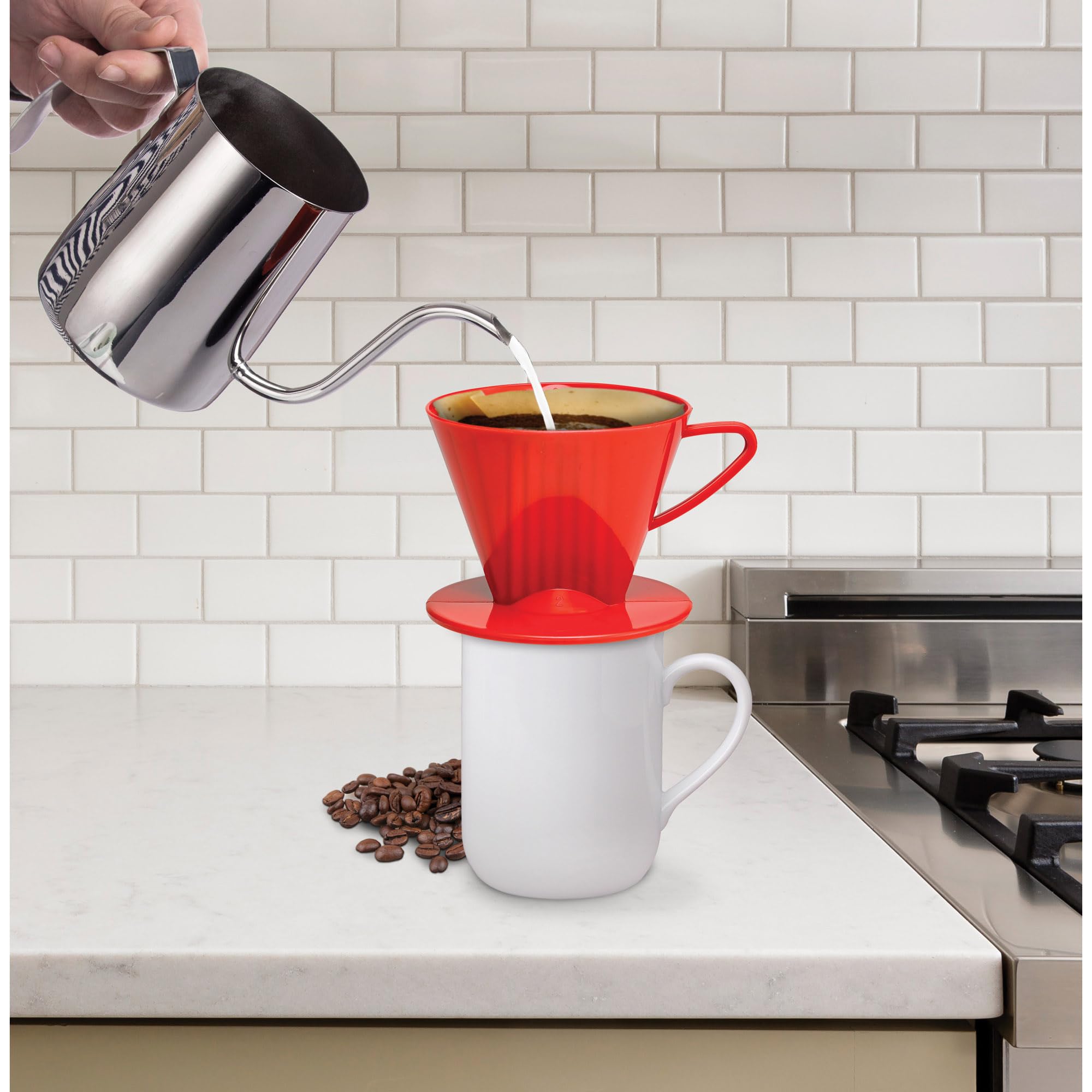 Fino Pour-Over Coffee Brewing Filter Cone, Number 2-Size, Red, Brews 2 To 6-Cups, Set Of 2