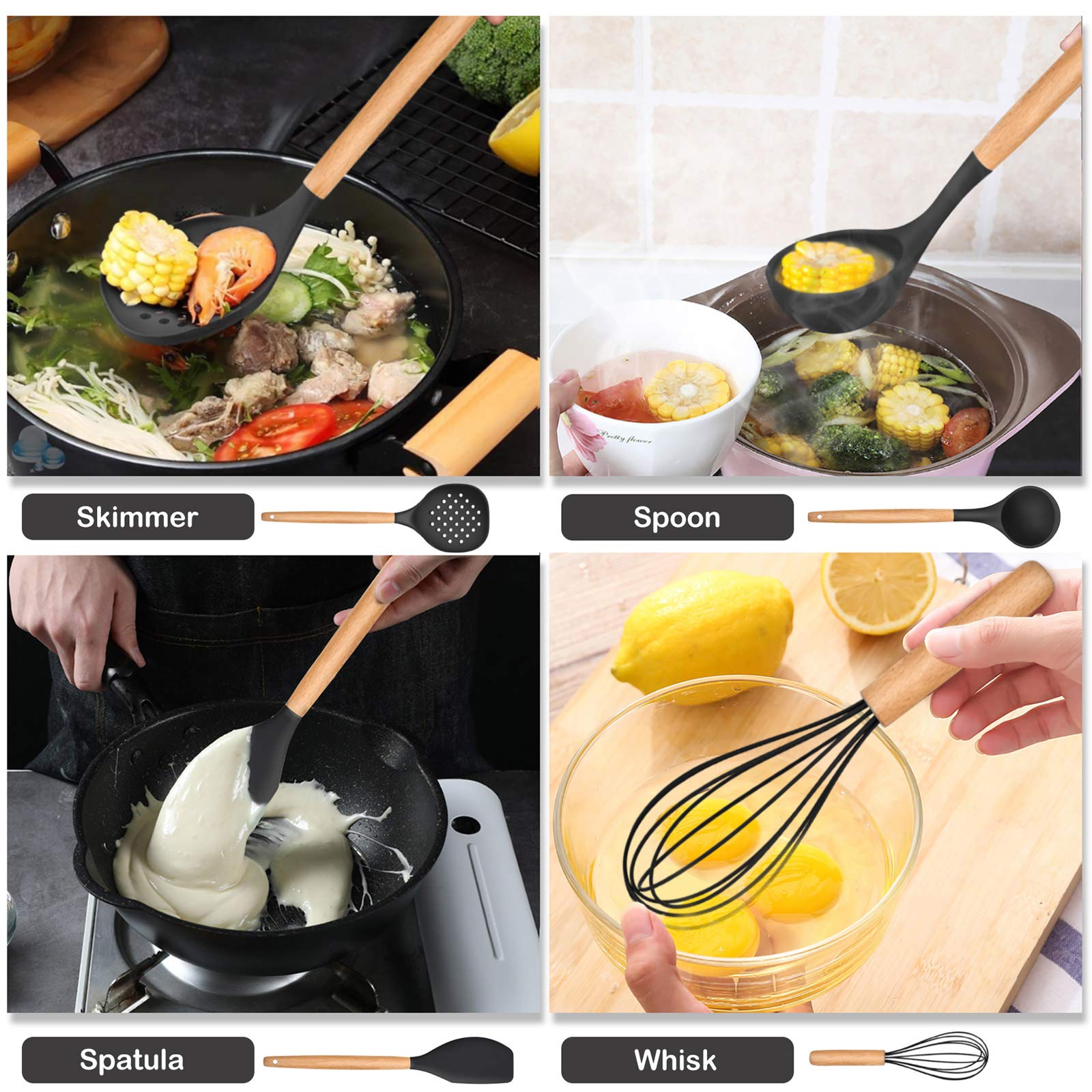 Lianyu 13-Piece Silicone Kitchen Cooking Utensils Set With Holder, Wooden Handle Utensils For Cooking, Kitchen Tools Include Spa