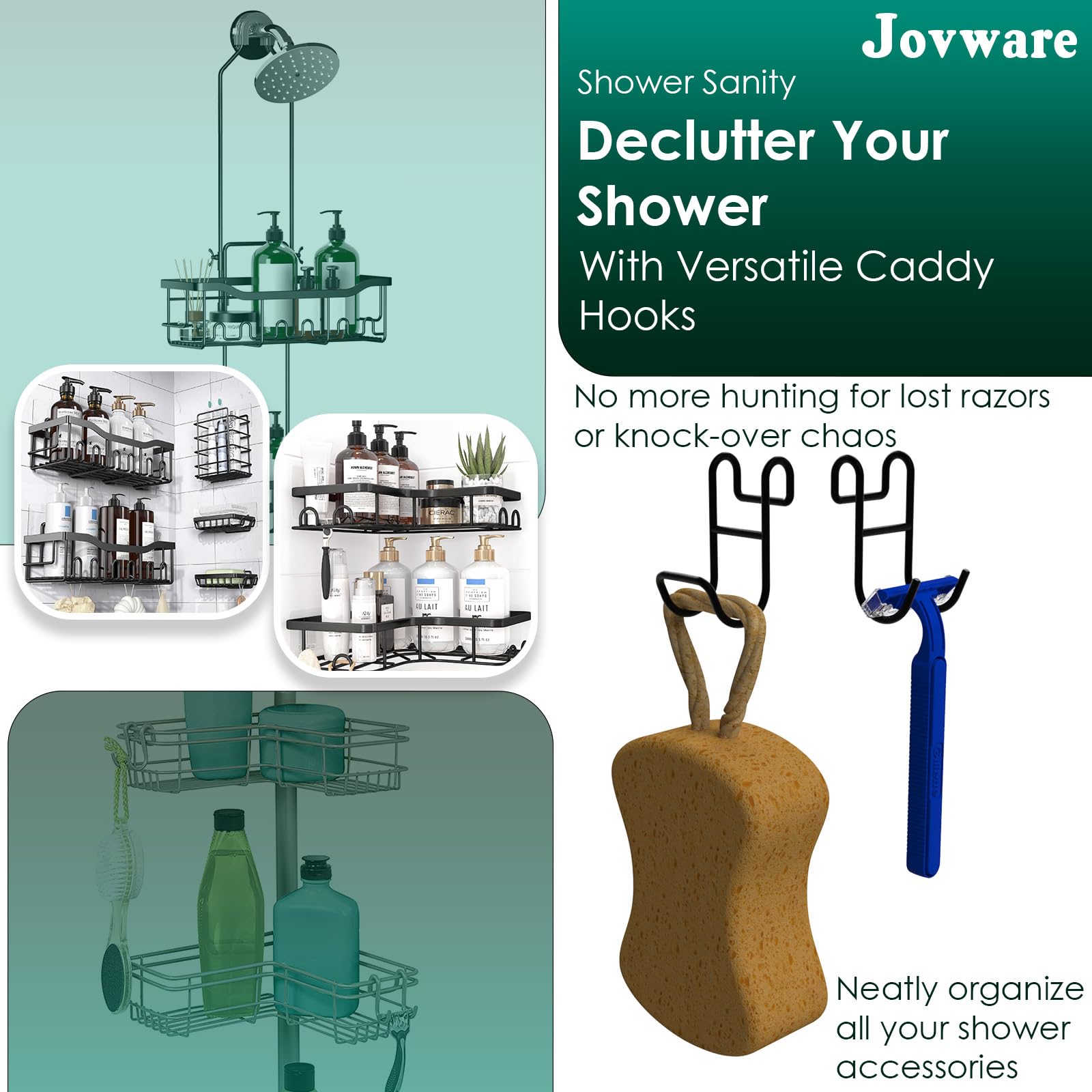 Jovware Black Shower Caddy Hooks, Razor Hooks For Shower, Razor Hanger For Shower, Shower Caddy With Hooks, Shower Hooks For Loo
