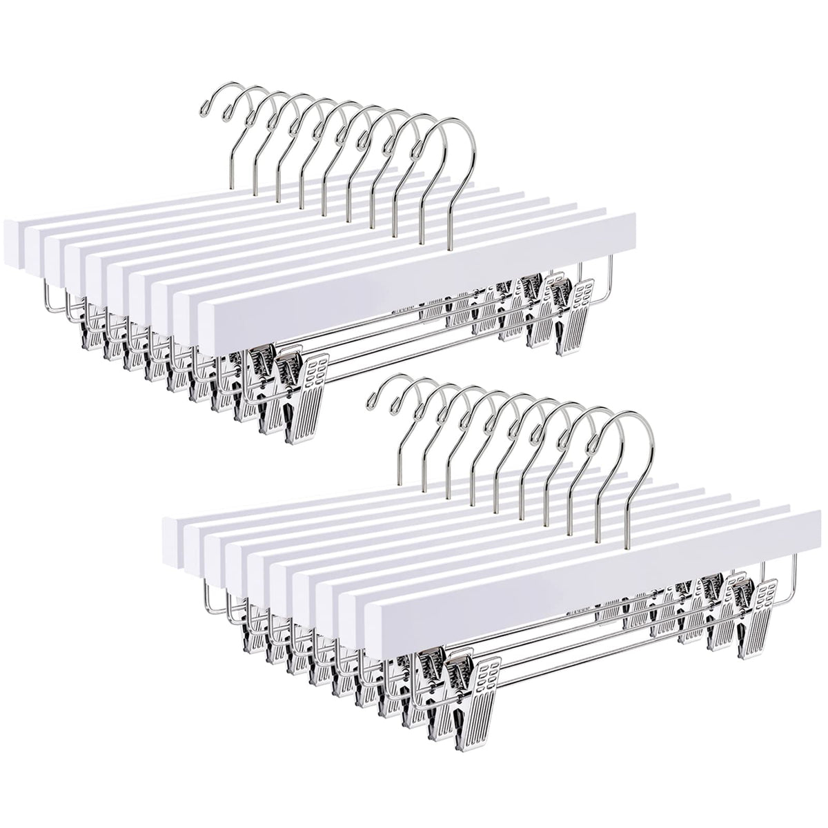 Amber Home White Wooden Pants Skirts Hangers 24 Pack, Solid Wood Trousers Bottom Hanger With 2-Adjustable Clips, Clips Hangers F