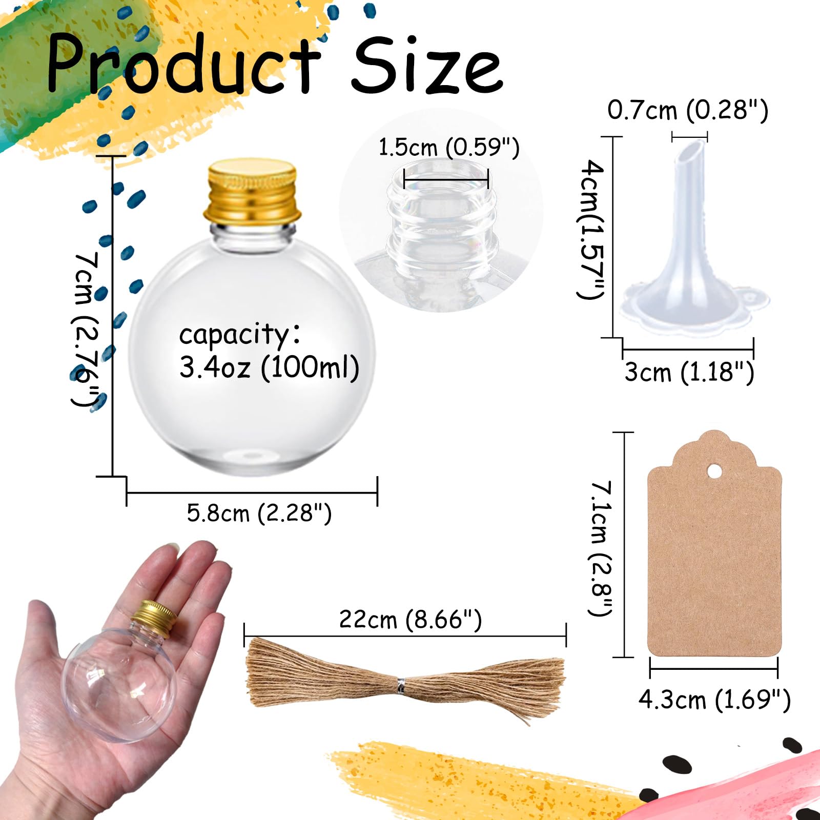 YANMAKE 50 Pcs Spherical Plastic Potion Bottles, 3.4 Oz Sand Art Round Ball Bottles with Lids, Tags and 10 Funnels for DIY Craft