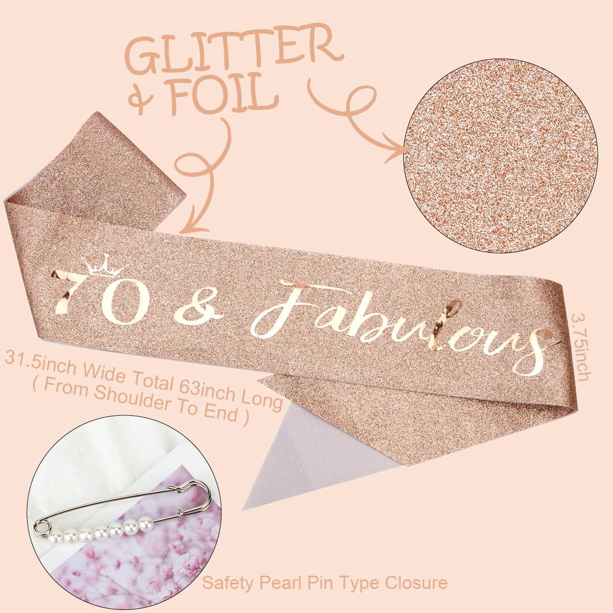 Tobatoba 70Th Birthday Decorations For Women, Rose Gold Birthday Crown 70 & Fabulous Sash For Women, 70Th Birthday Gifts For Wom