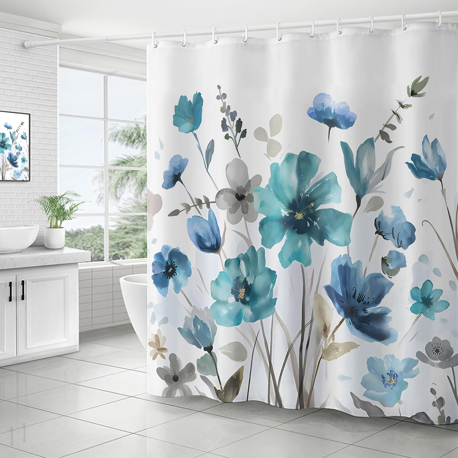 Zchomi Teal Blue Floral Shower Curtain Watercolor Flower Shower Curtain For Bathroom Waterproof Polyester Fabric Bathroom Curtai