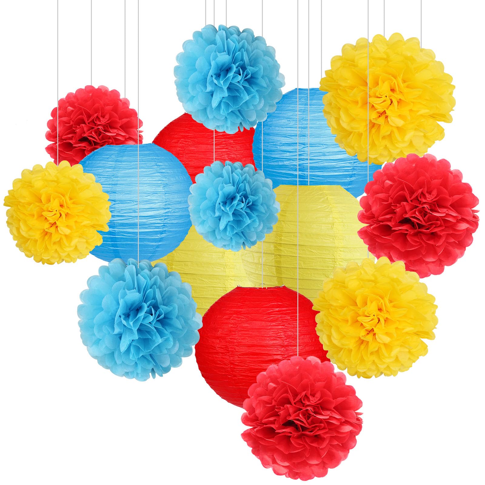 Zilue Carnival Circus Party Decorations, Red Yellow Blue Paper Lanterns And Pom Poms Flowers For Birthday Party Baby Showers Car