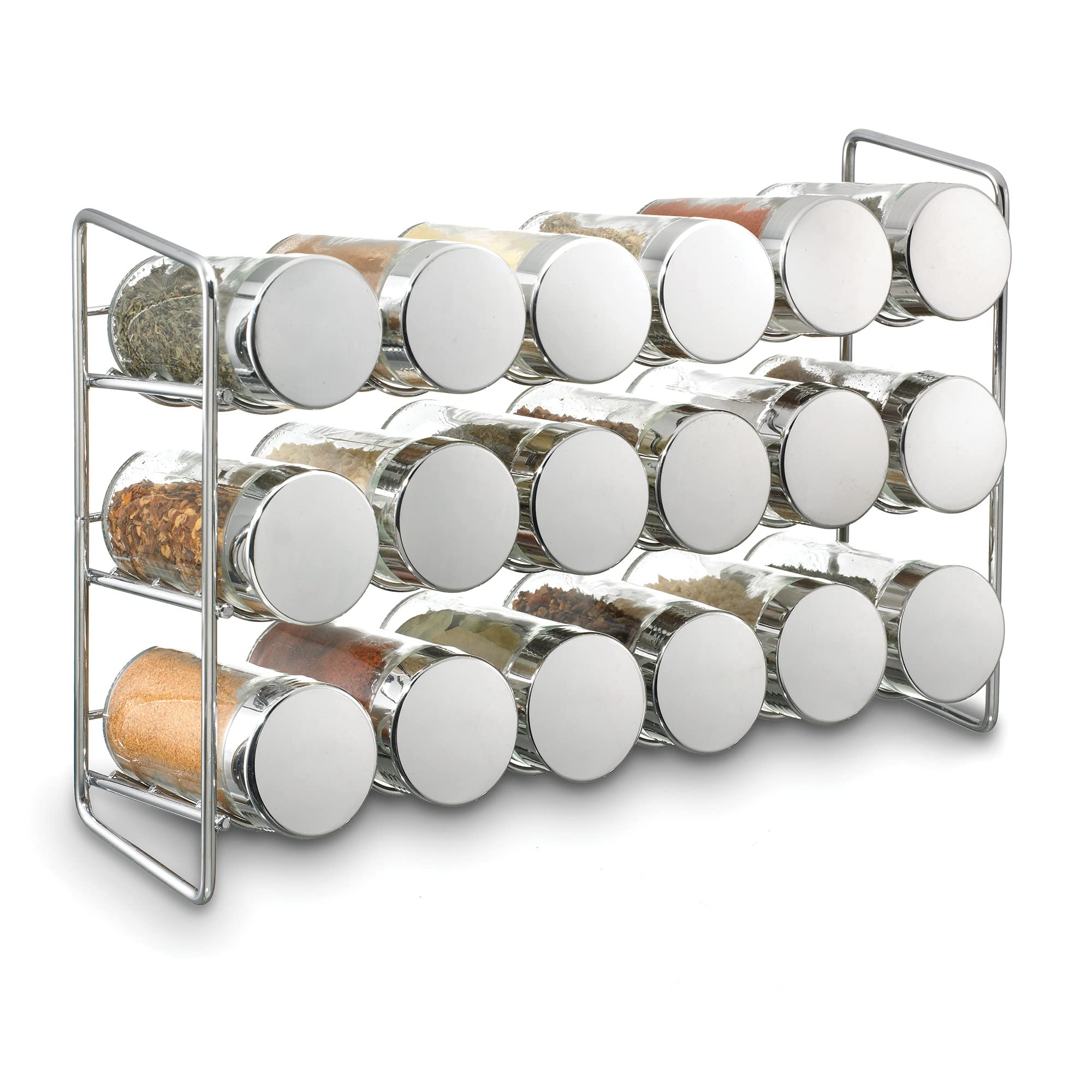 Polder Chrome 18-Jar Compact Spice Rack, 18-5 Ounce Glass Jar Has Perforated Shaker Caps, Chrome Plated Lids, Sleek Enough For C