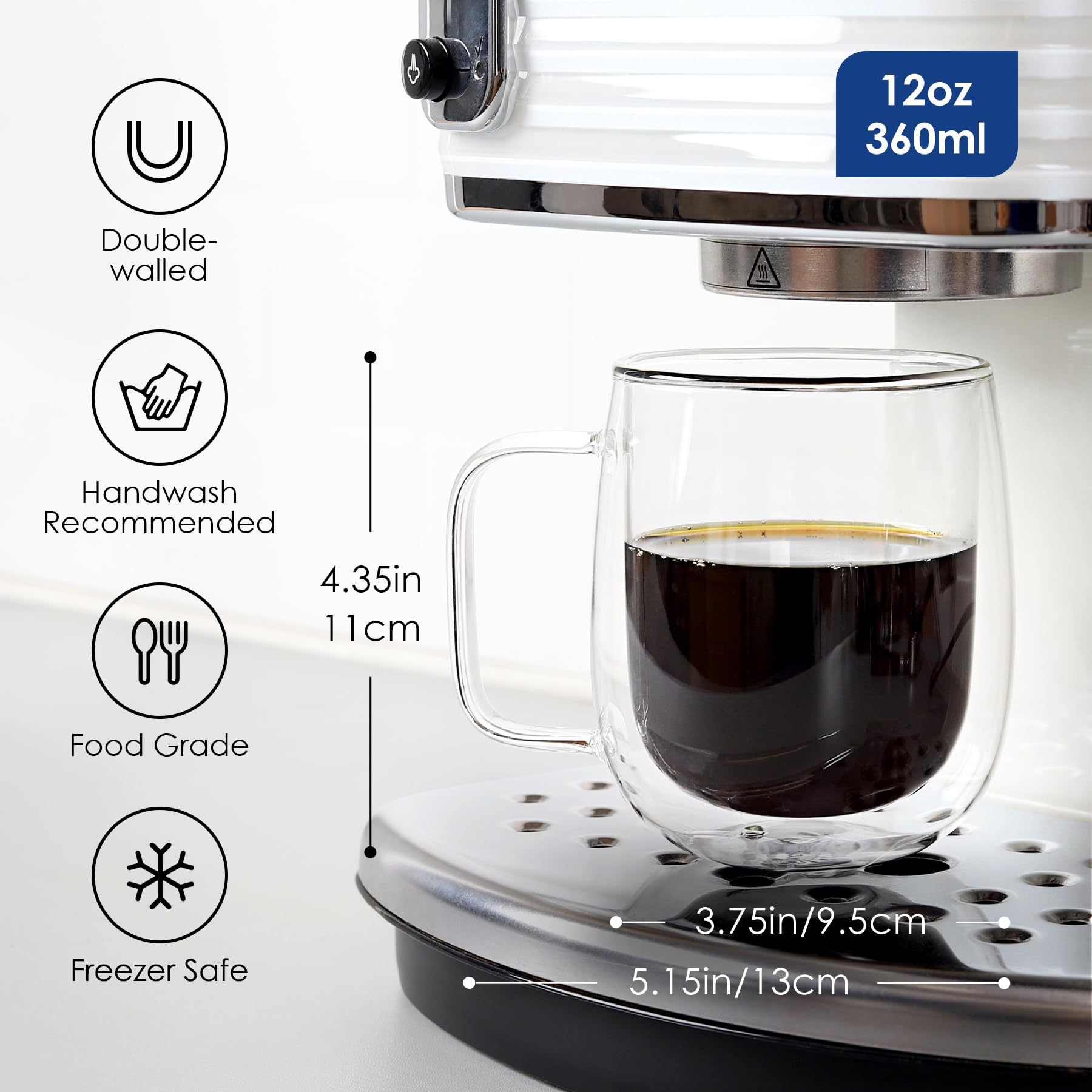 Vzaahu Double Wall Coffee Mugs With Handle [2-Pack,12 Oz] 360Ml Glasses Espresso Cups Of Heat Resistant Clear Glass Mug Set For