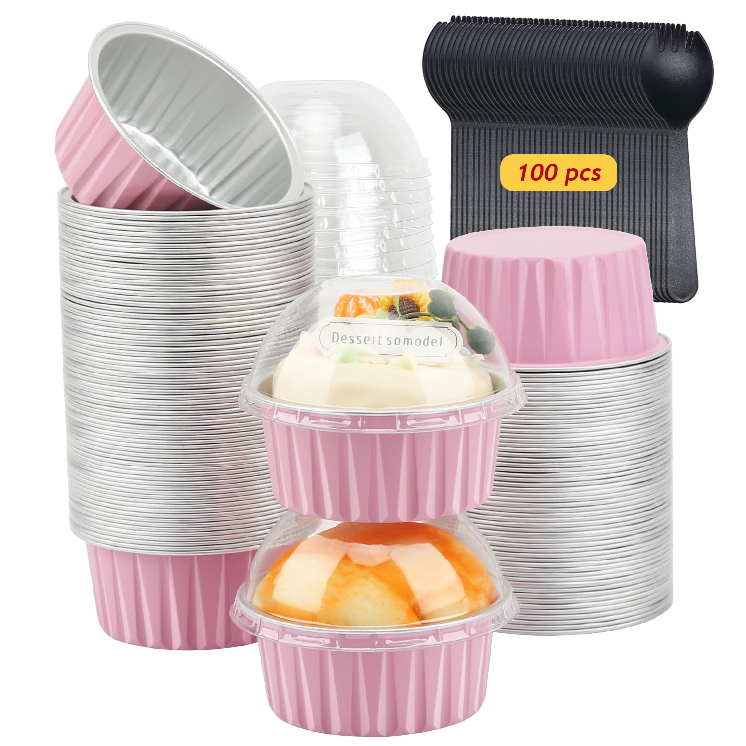 5oz Cupcake Pans with Dome Lids 100 Pack,LNYZQUS Aluminum Foil Small Cake Baking Tin,Disposable Ramekins Cupcake Baking Cups Con