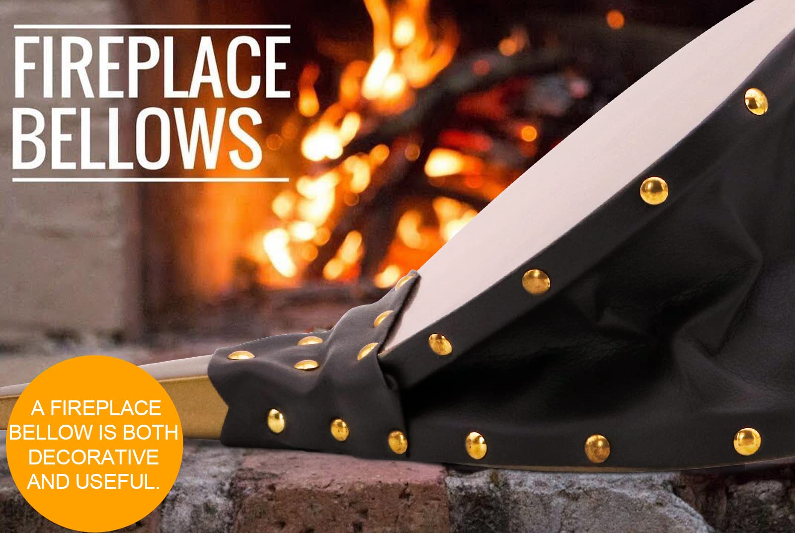 Wood Fireplace Bellows 17''x7.5'' with Hanging Leather Strap  Brown Air Bellower for Outdoor BBQ and Camping