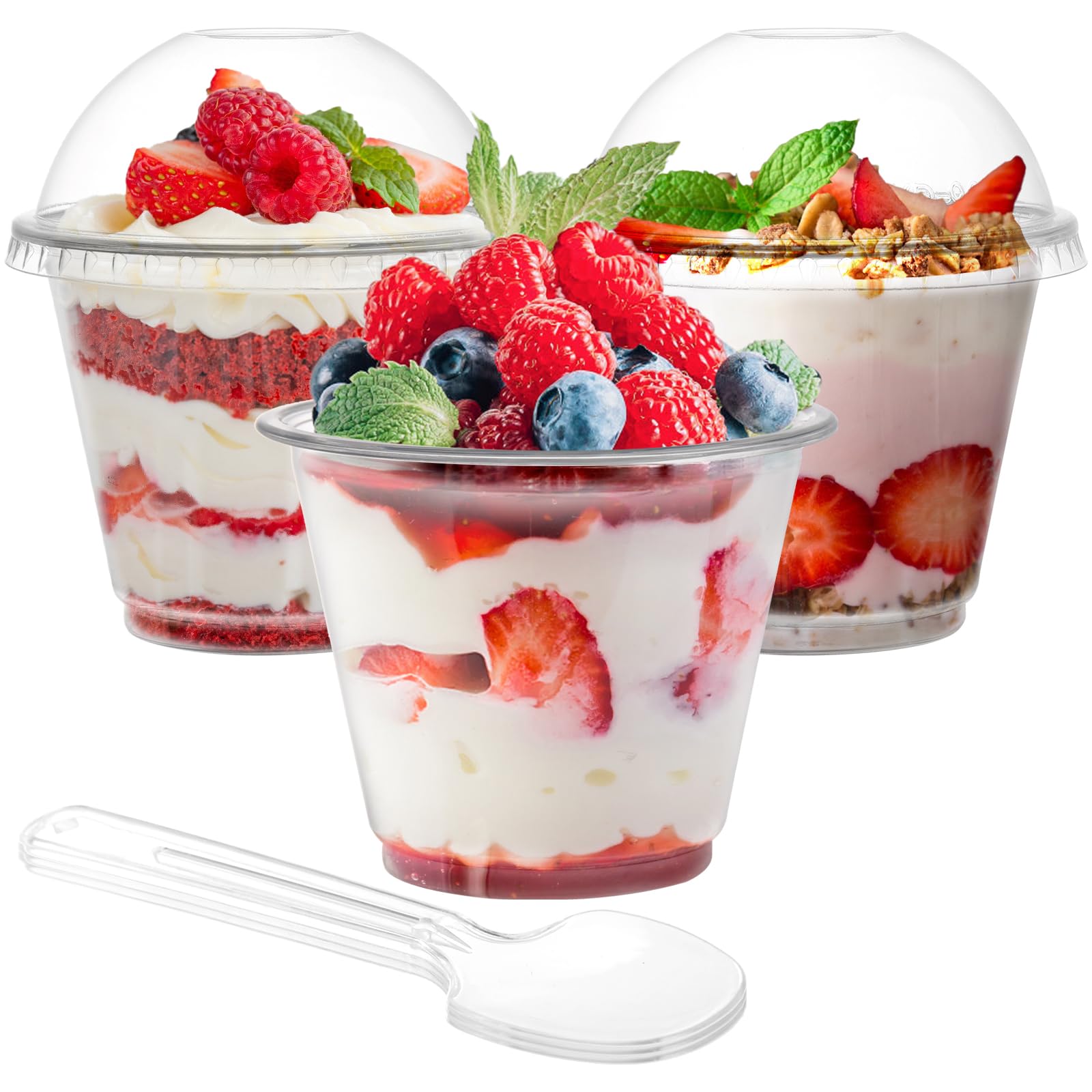 Coloch 100 Pack 9 Oz Clear Plastic Dessert Cup With Dome Lid And Spoon, Disposable Pet Crystal Parfait Cup Take-Out Liquid Conta