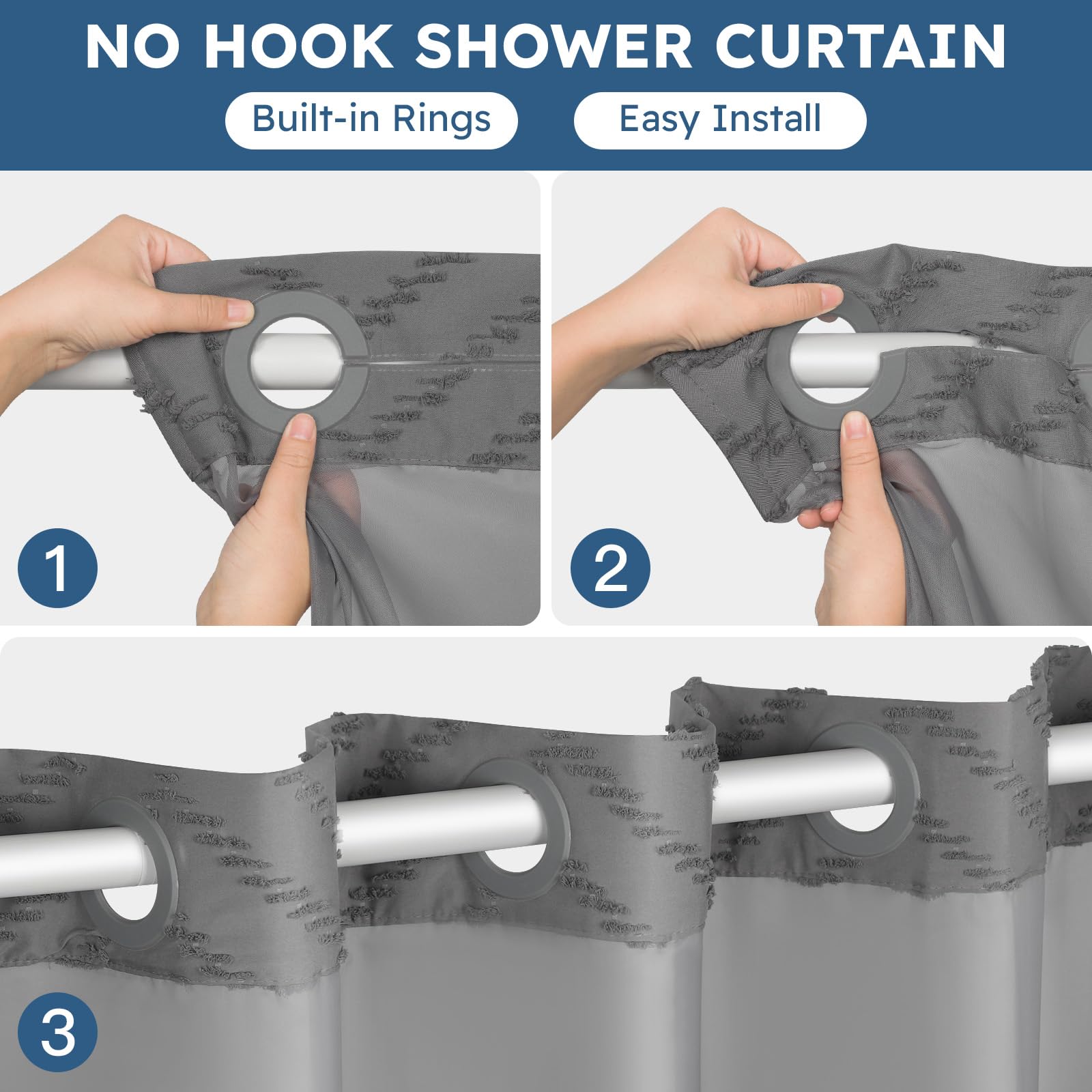 Fadoty No Hook Shower Curtain And Snap In Liner Set Grey Tufted Chevron Striped Cloth Waterproof Washable Fabric Boho Gray Bath
