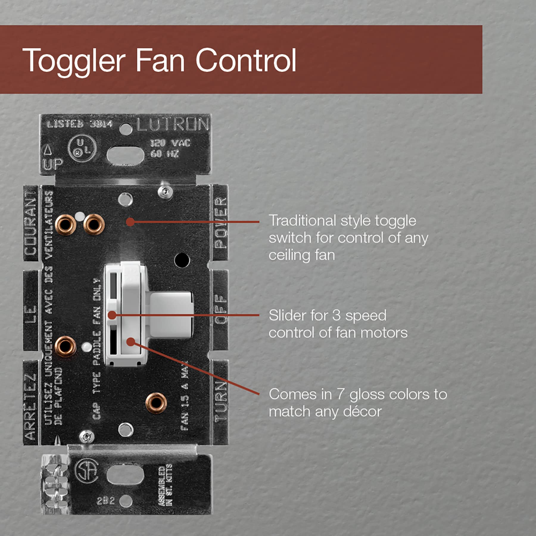 Lutron Toggler 3 Speed Fan Control, 1.5-A Single Pole/3-Way Tgfsq-Fh-Wh, White