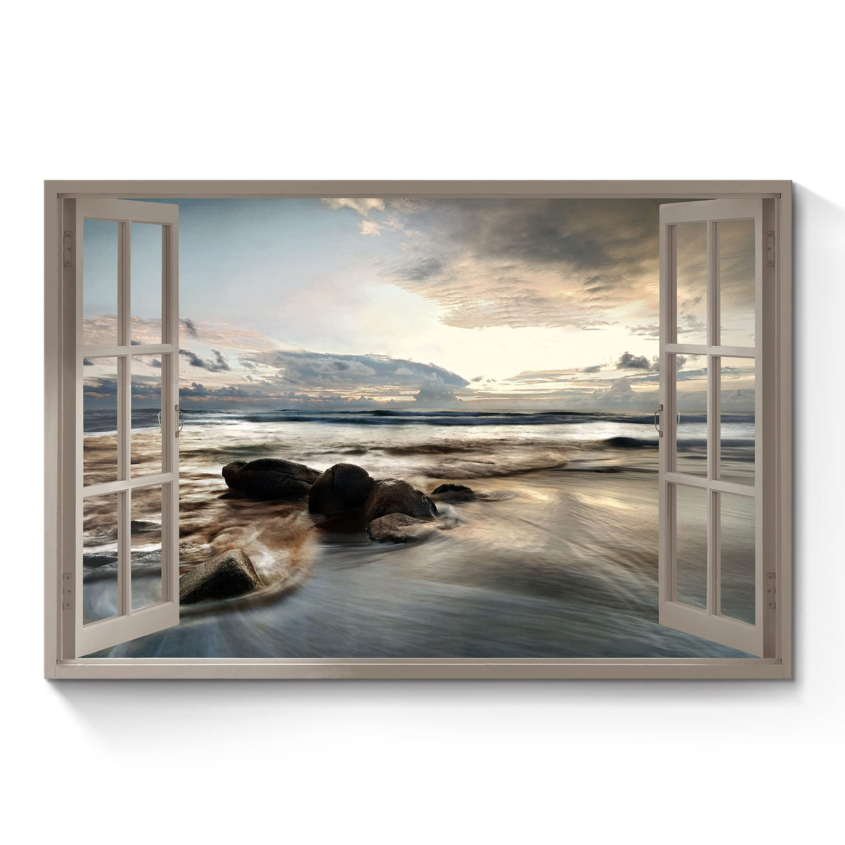 Ocean Open Window Wall Art: Lake Under Sunset Canvas Painting Sunset Beach Picture Coastal Modern Relax Artwork Large Quiet Seas