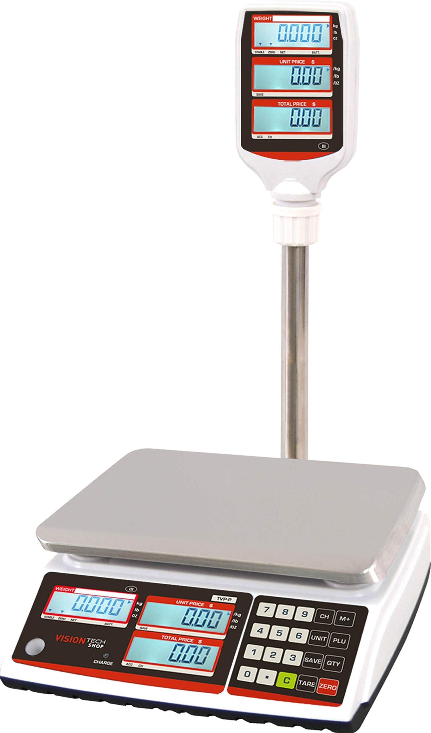 VisionTechShop TVP-12P Price Computing Scale with Pole Display, Lb/Oz/Kg, 12lb Capacity, 0.002lb Readability, NTEP Legal for Tra