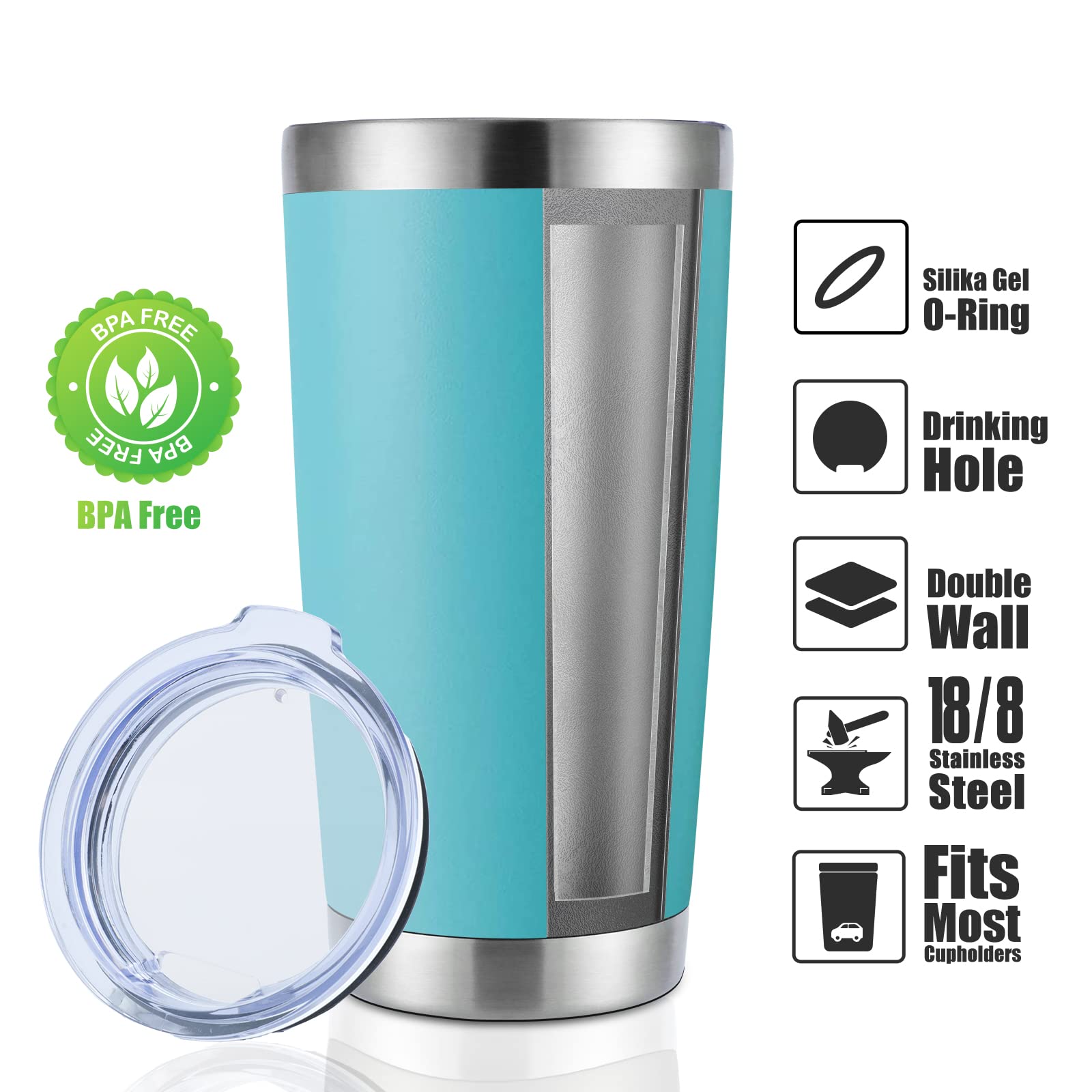 Domicare 20Oz Stainless Steel Tumbler Bulk With Lid, Double Wall Vacuum Insulated Travel Mug, Powder Coated Coffee Cup, Light Bl