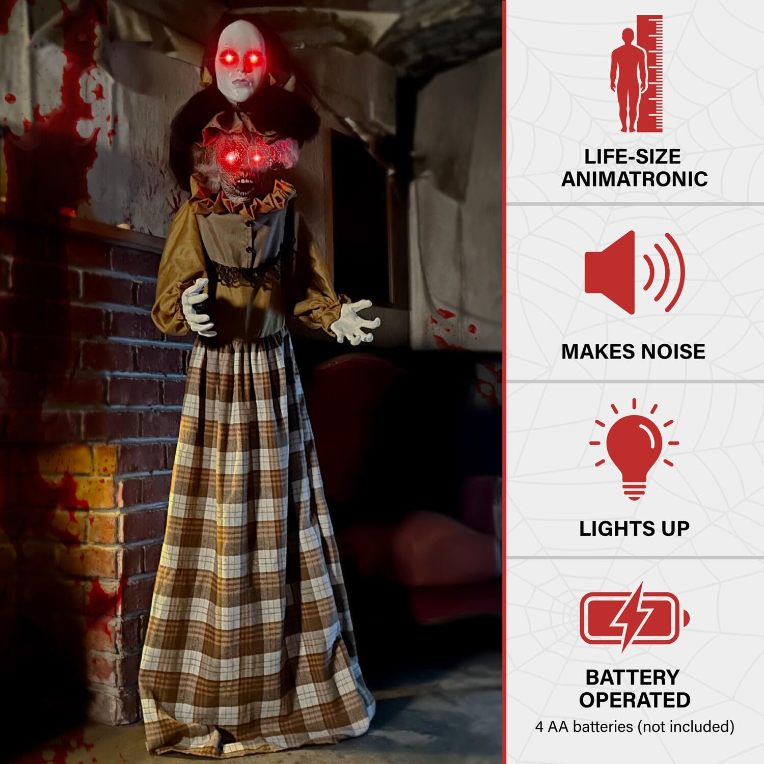 Haunted Hill Farm Lifesize 5.2-Ft Animatronic Scary Haunted Woman with Touch Activated Lights and Sound, Battery-Operated Indoor
