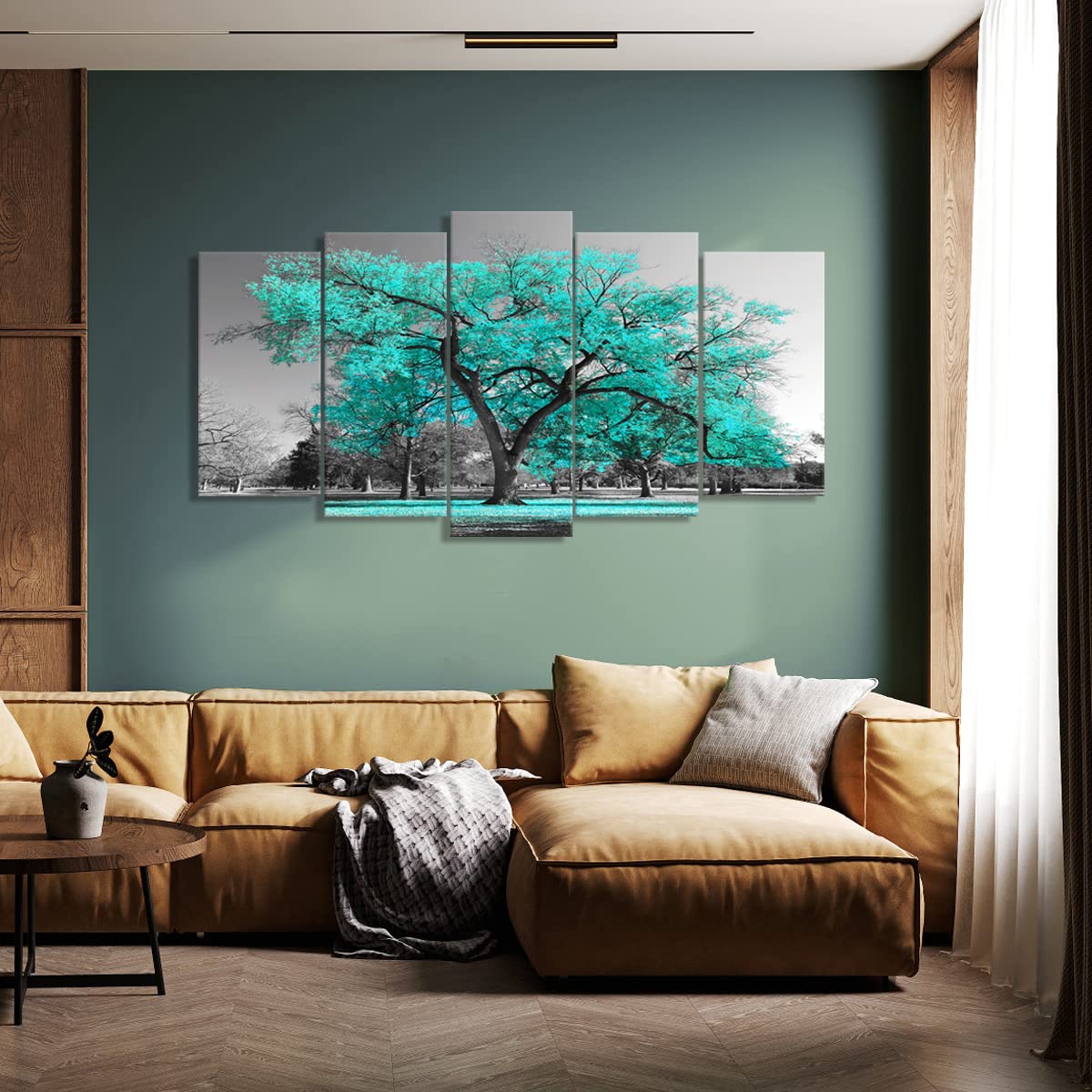 Visual Art Decor Large 5 Pieces Teal Tree Canvas Wall Art Turquoise And Grey Tree Blossom Picture Artwork Nature Wall Decoration