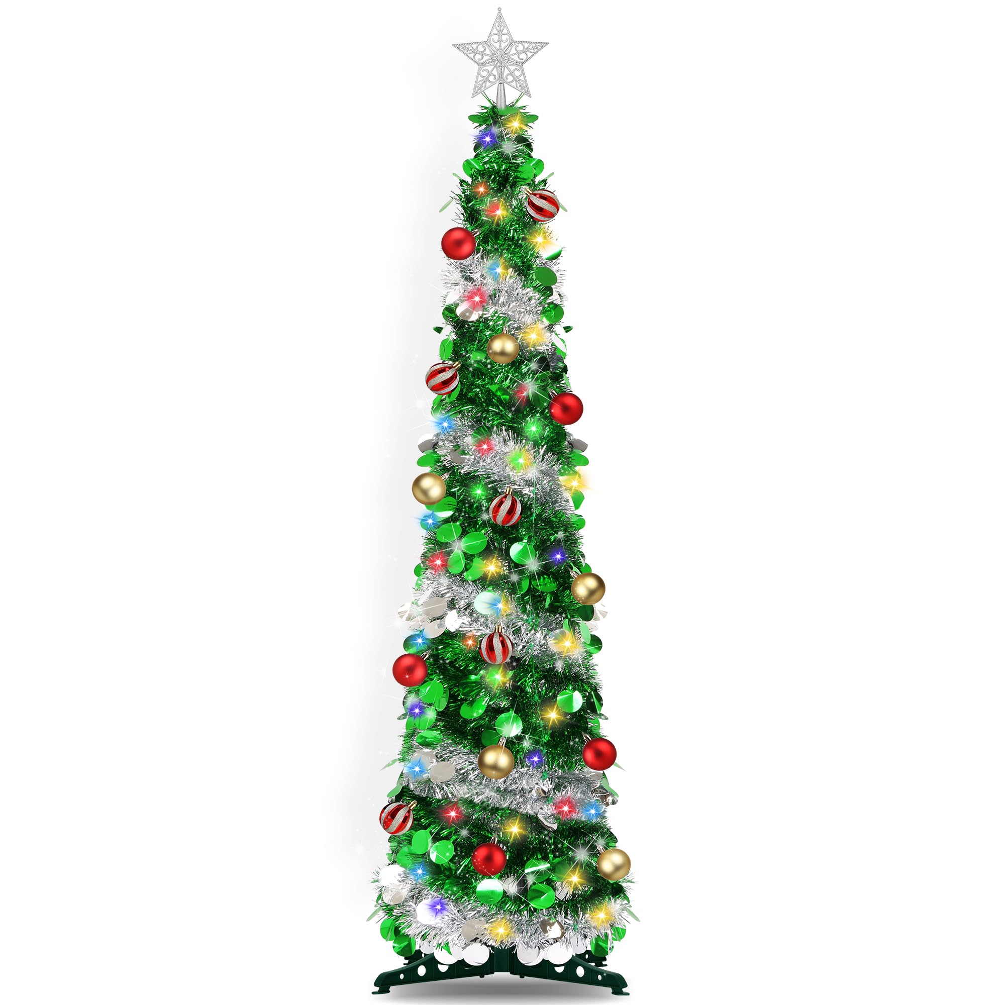 5FT Pop Up Christmas Tree with Timer 60 Warm White & Multi Color Fairy Light 3D Star 15 Ball Ornament, Green Sliver Tinsel Chris