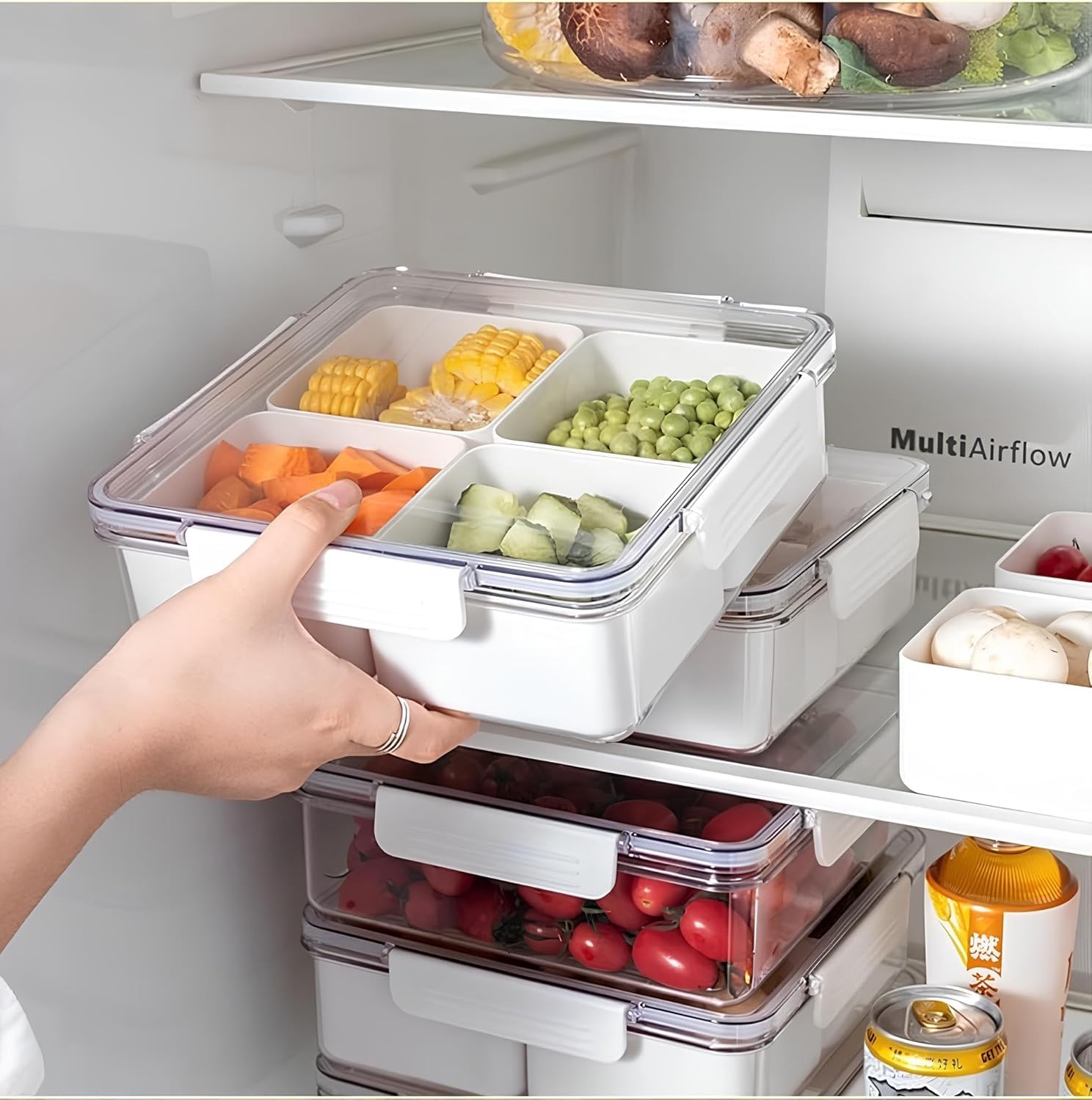 Sitsra 4Grid Refrigerator Storage Box  MultiCompartment Food Container For Fridge, Drawer & Picnic, Clear Kitchen Organizer F