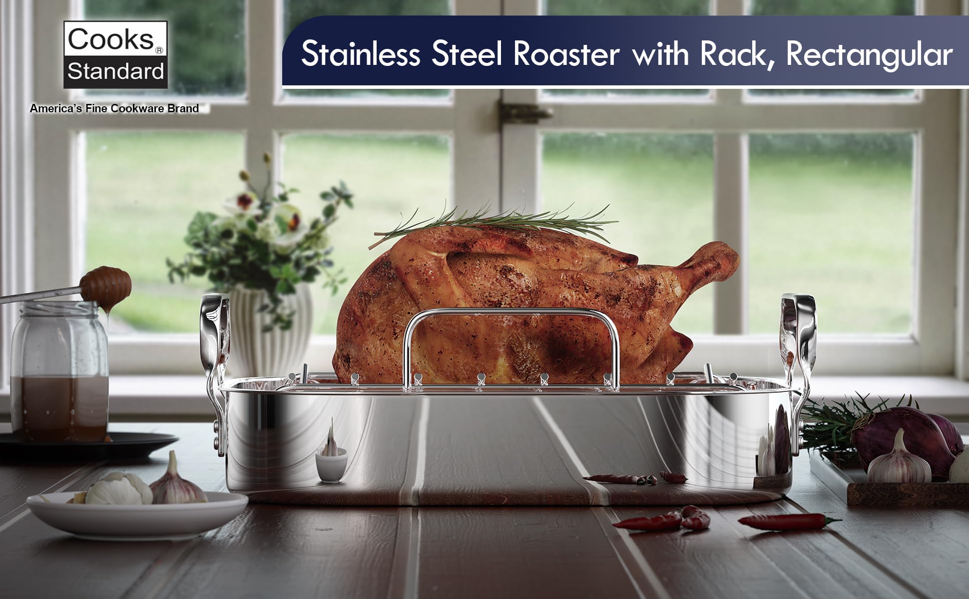 Cooks Standard 14-Inch By 12-Inch Stainless Steel Roaster With Rack, Rectangular