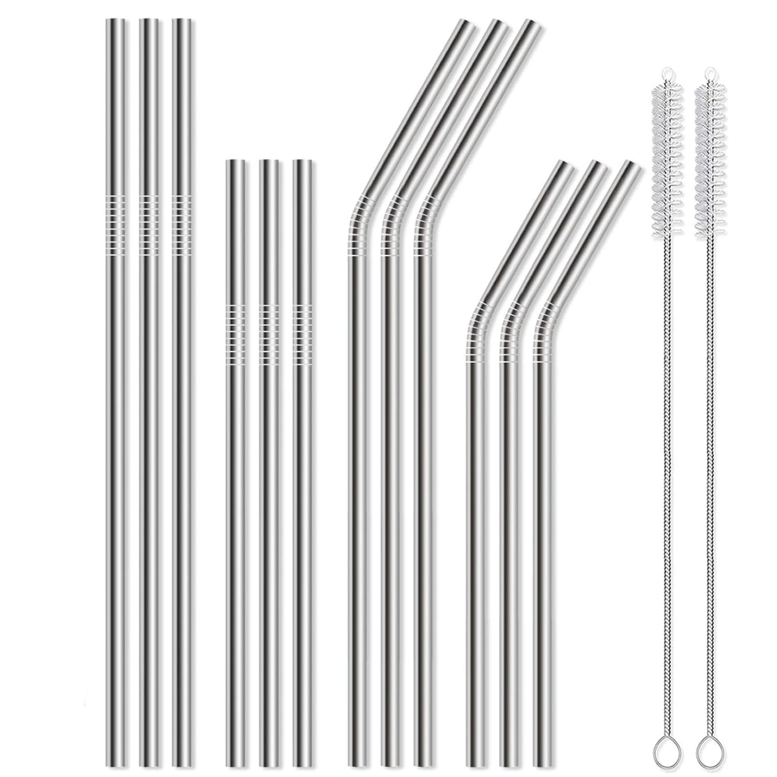 12 Pack Of Reusable Stainless Steel Metal Straws, 3 Straight + 3 Bent 10.5 Inch And 3 Straight + 3 Bent 8.5 Inch Metal Straws Wi