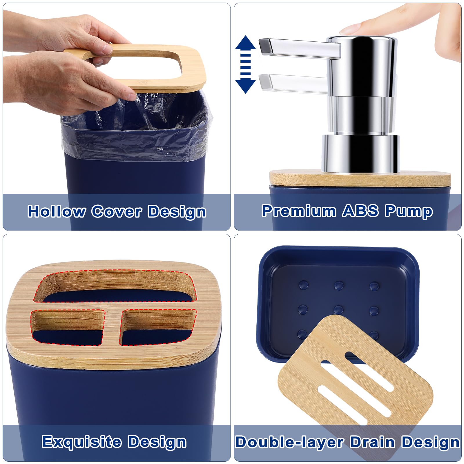 Bathroom Accessories Set, 9 Piece Navy Blue Hollow Bathroom Accessory Set With Trash Can,Toothbrush Holder,Toothbrush Cup,Lotion