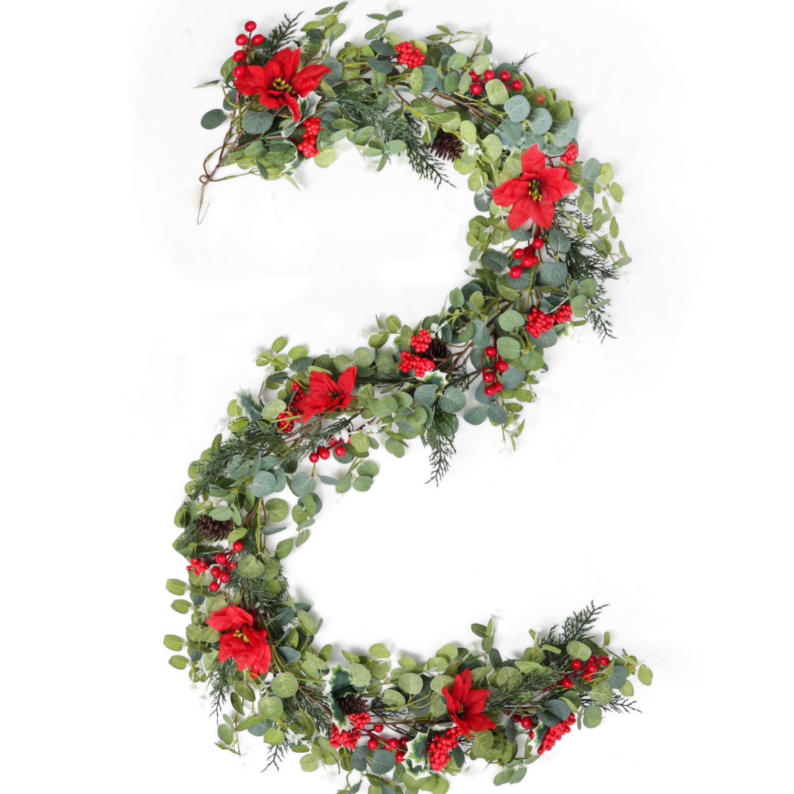 6ft Artificial Christmas Poinsettia Garland with Eucalyptus Leaves, Red Berries Garland Decor for Home, Fireplace, Wall, Porch, 