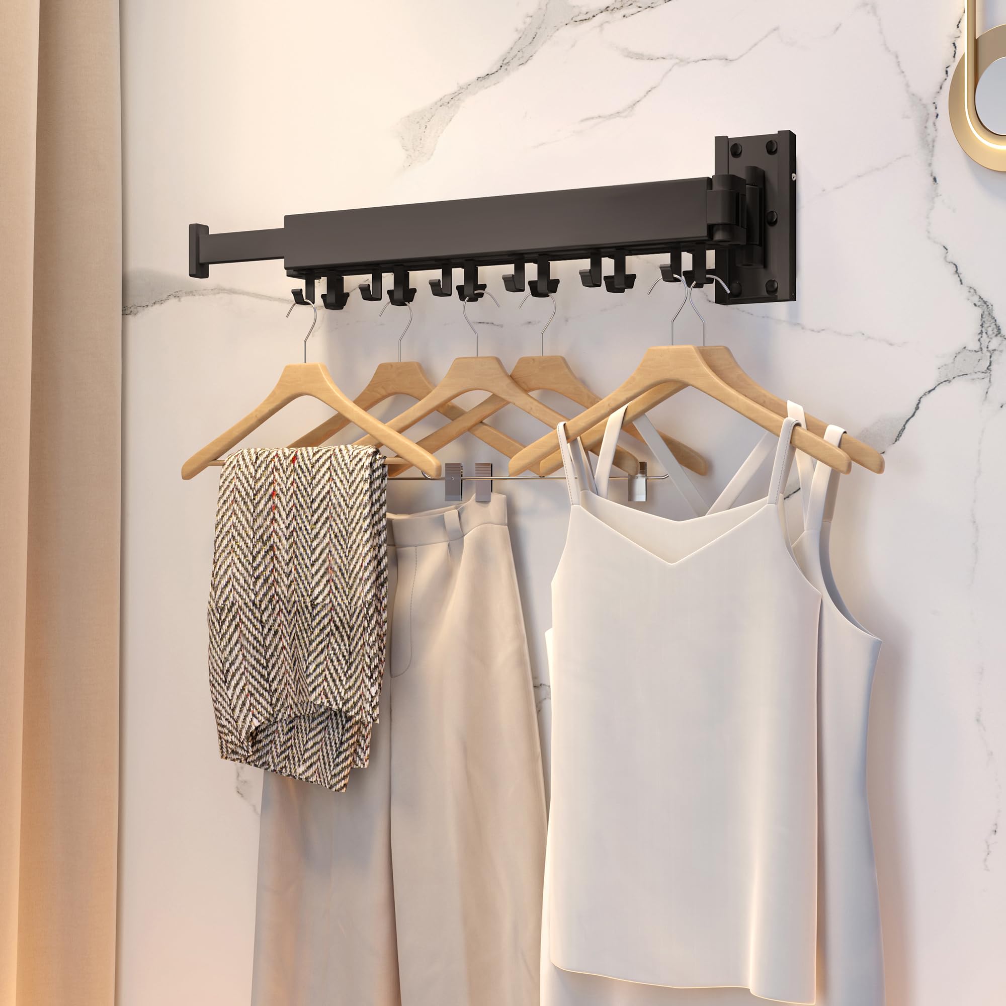 HEILAIYI Clothes Drying Rack for Laundry Wall Mounted Clothes Hanger Rack Folding Retractable Collapsible(J Shape Hooks)