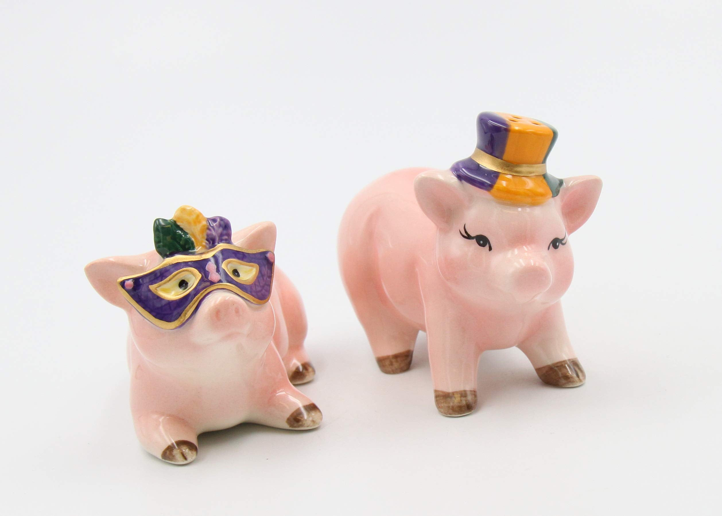 Fine Ceramic Mardi Gras Costume Pigs Couple Salt & Pepper Shakers Set, 3-5/8''