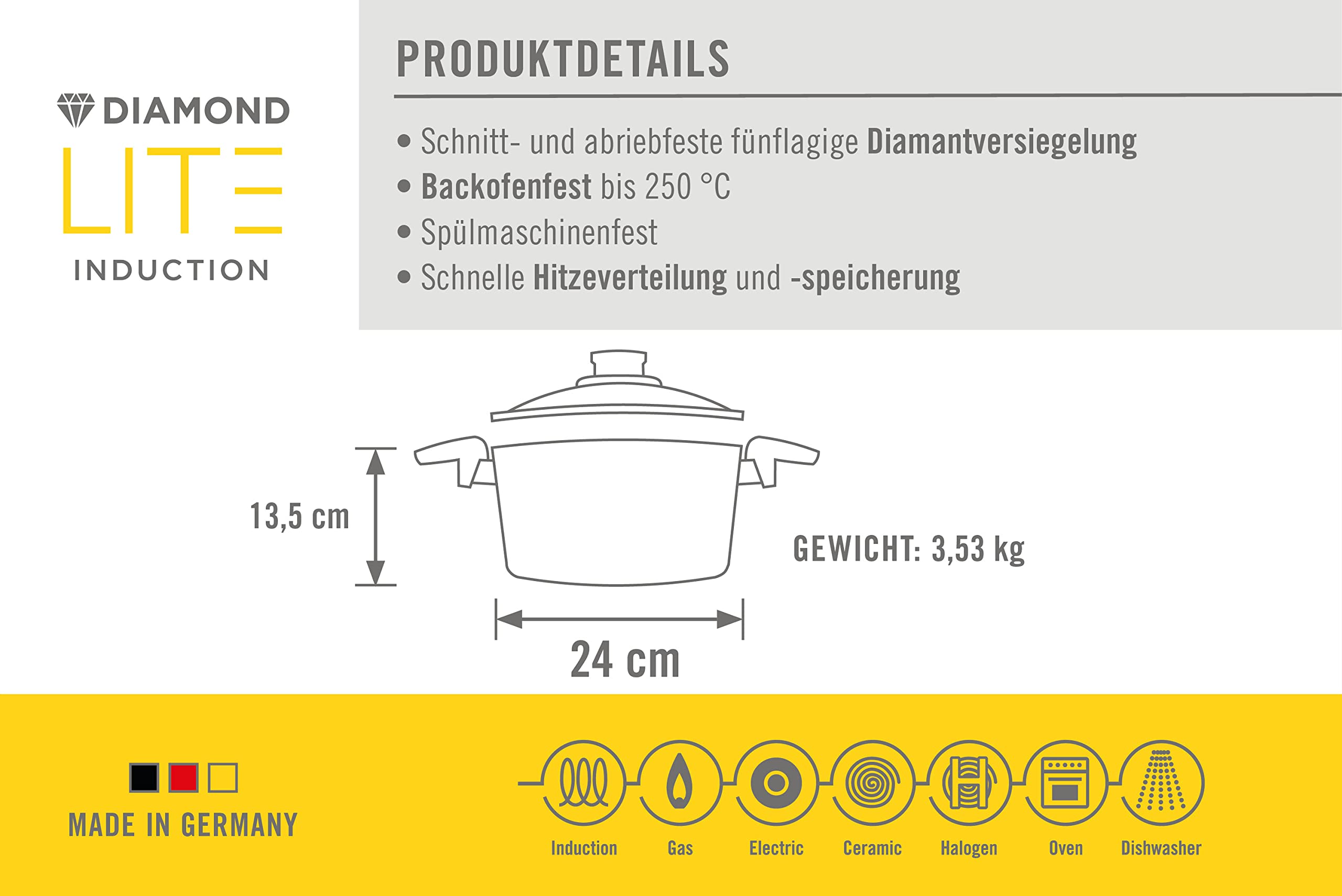 Woll Diamond Gusstopf 124Dpil Lite Induction With 2 Side Handles And Glass Lid 24 Cm Diameter In Box / 13.5 Cm High, 5 Litres
