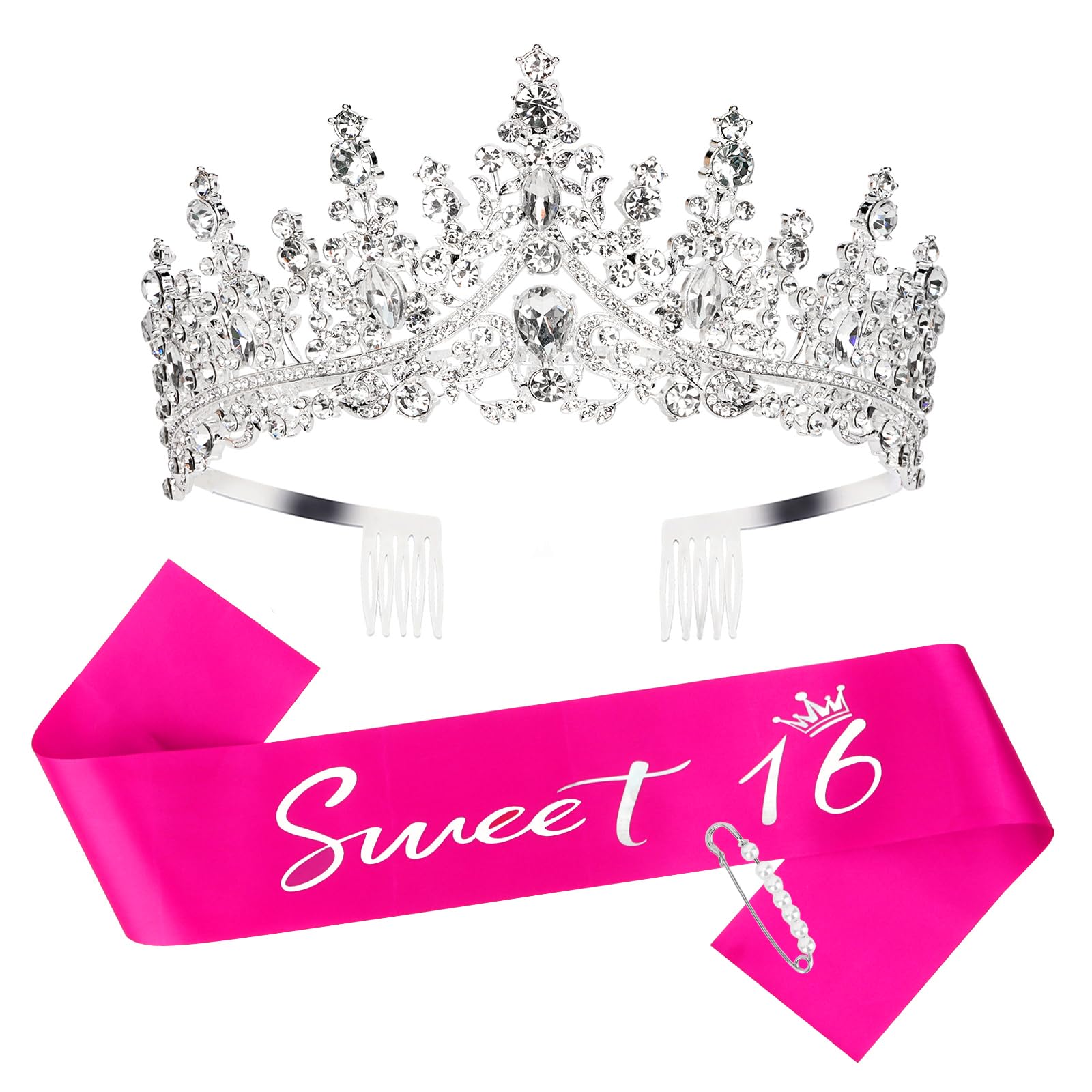 Casoty 16Th Birthday Sash And Tiara For Girls, 16Th Birthday Decorations For Girls, Sweet 16 Glitter Sash And Tiara Set With Pea