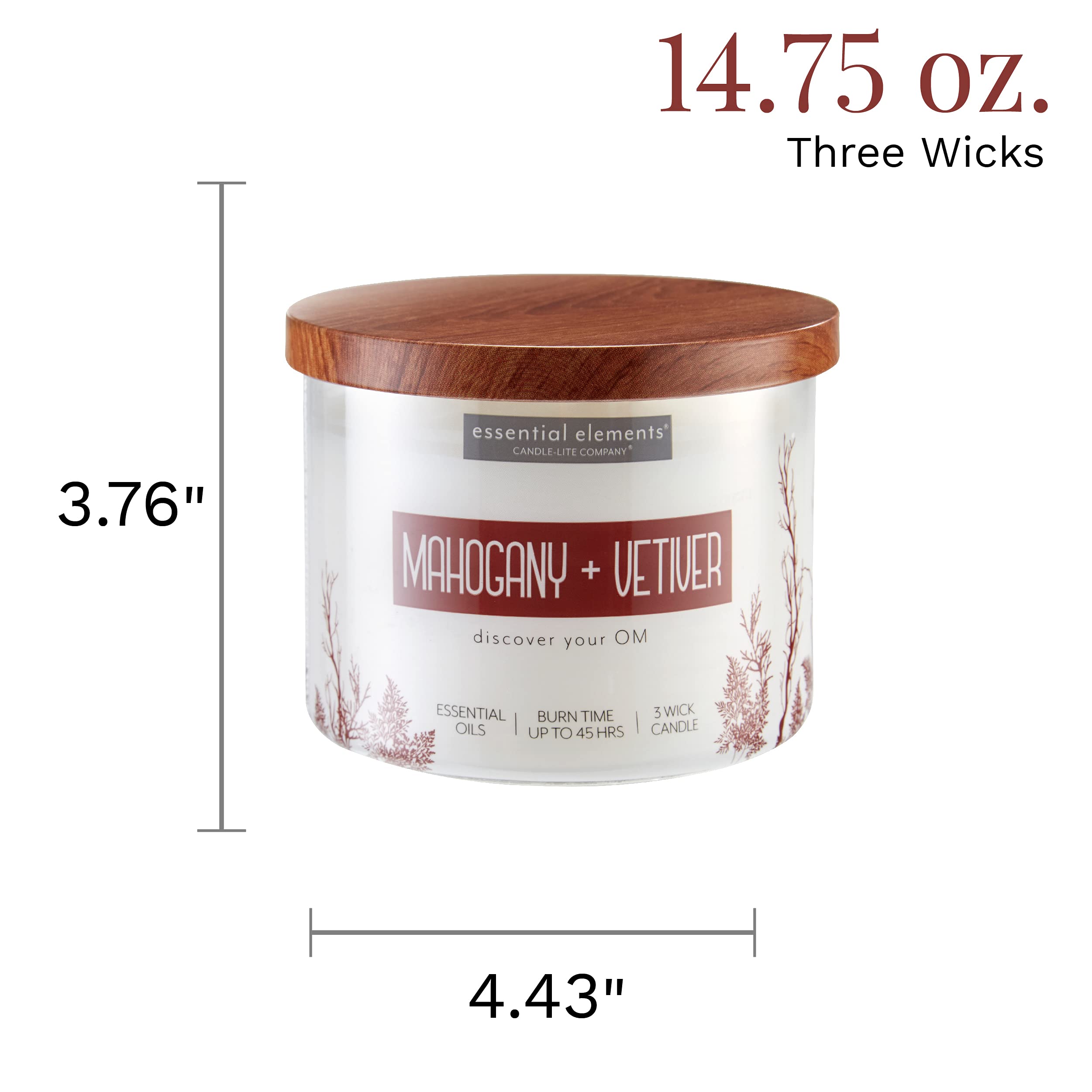 Essential Elements by Candle-lite Scented Candles, Mahogany & Vetiver Leaf Fragrance, One 14.75 oz. Three-Wick Aromatherapy Cand