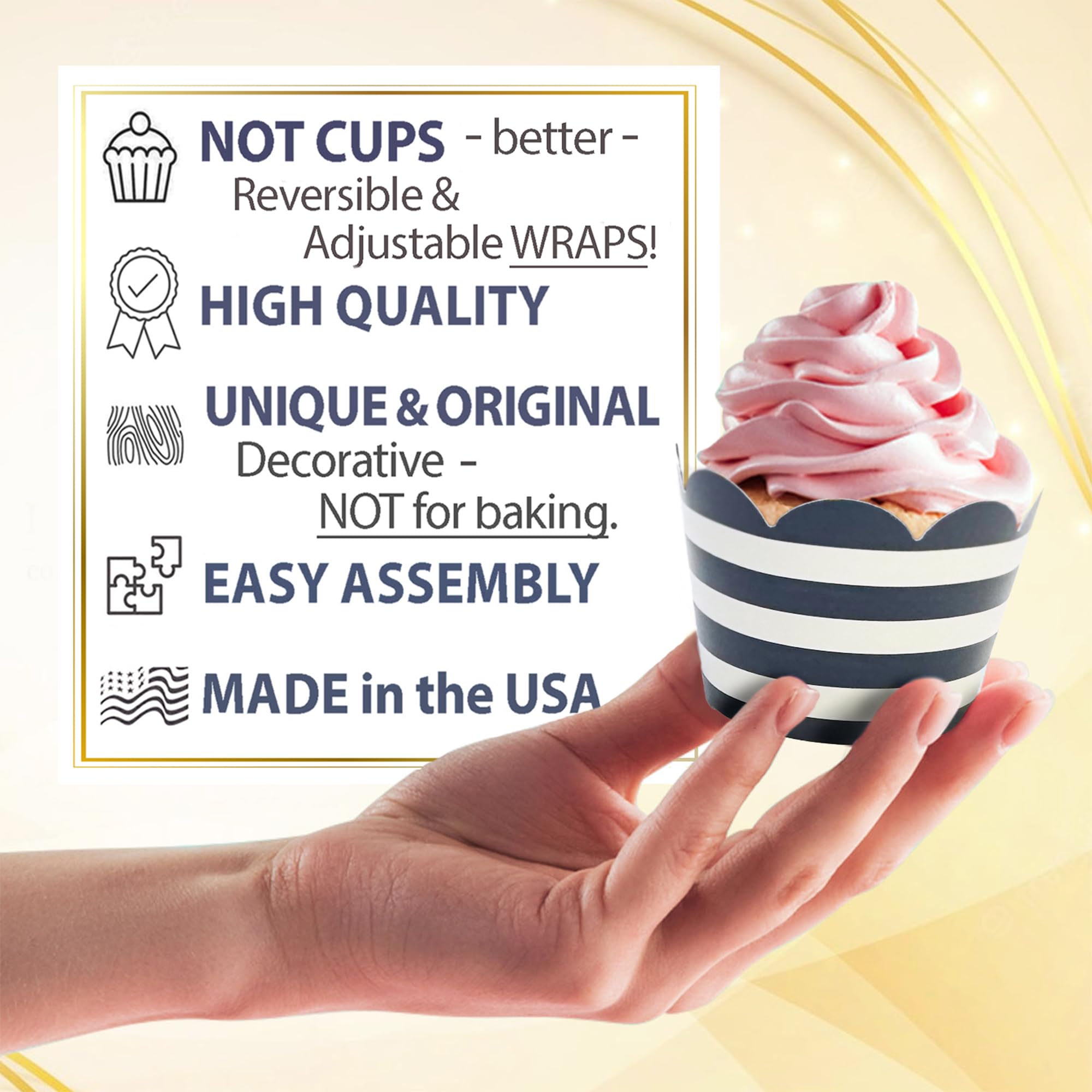 Cupcake Wrappers - Navy & White Wedding, Gold Dots Kate Stripe Classy Bridal, Baby Shower Decoration, Nautical Birthday Party, M