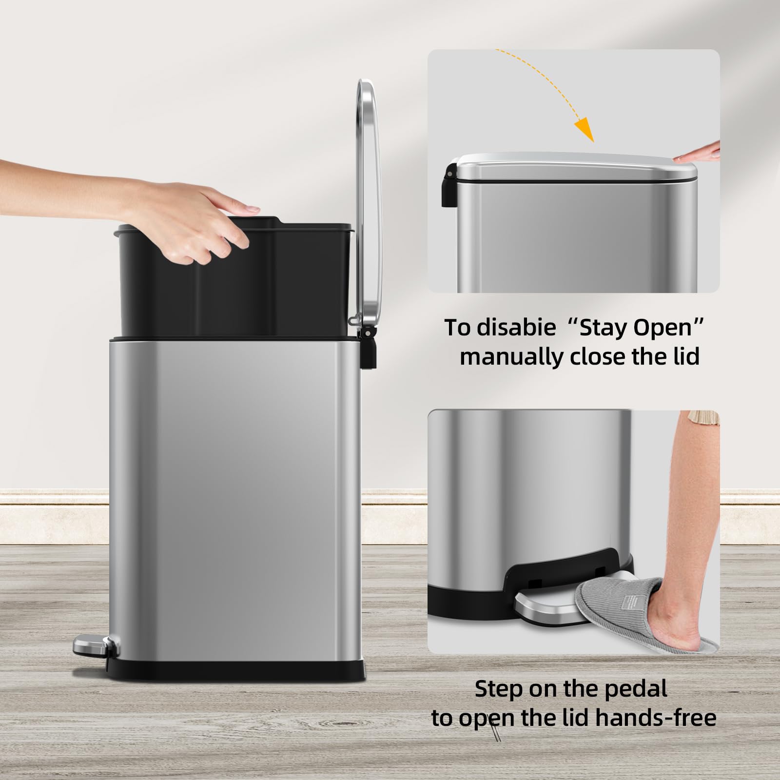 Kuk Slim Bathroom Trash Can With Lid, 2.6 Gallon (10 L) Stainless Steel Step Small Garbage Can With Removable Inner Bucket, Soft