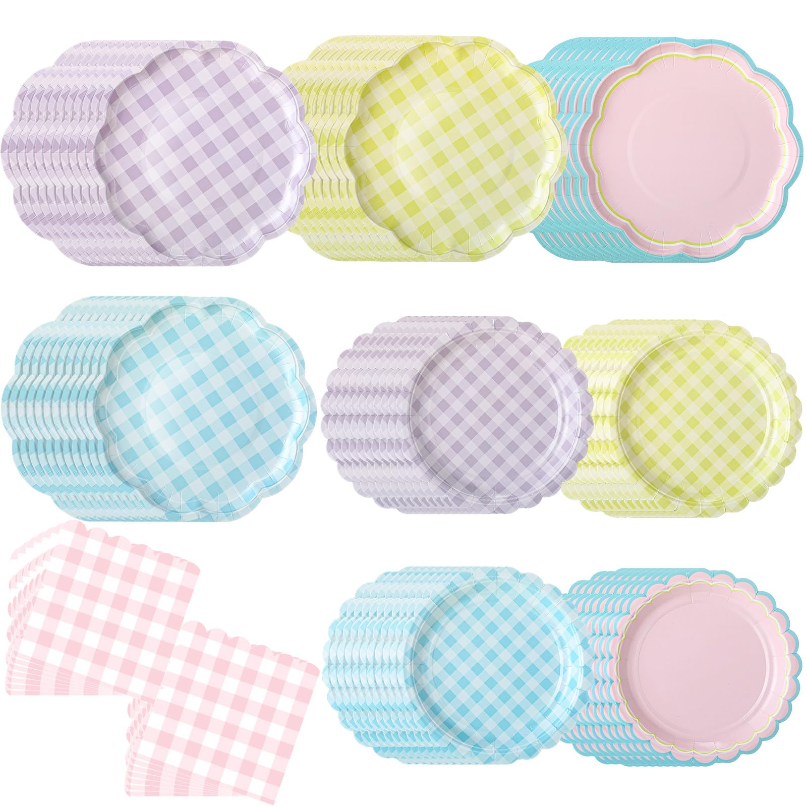 Skybooly 144 Pcs 48 Guests Pastel Gingham Plates and Napkins Party Supplies Scalloped Gingham Paper Plates Napkins Pastel Dispos