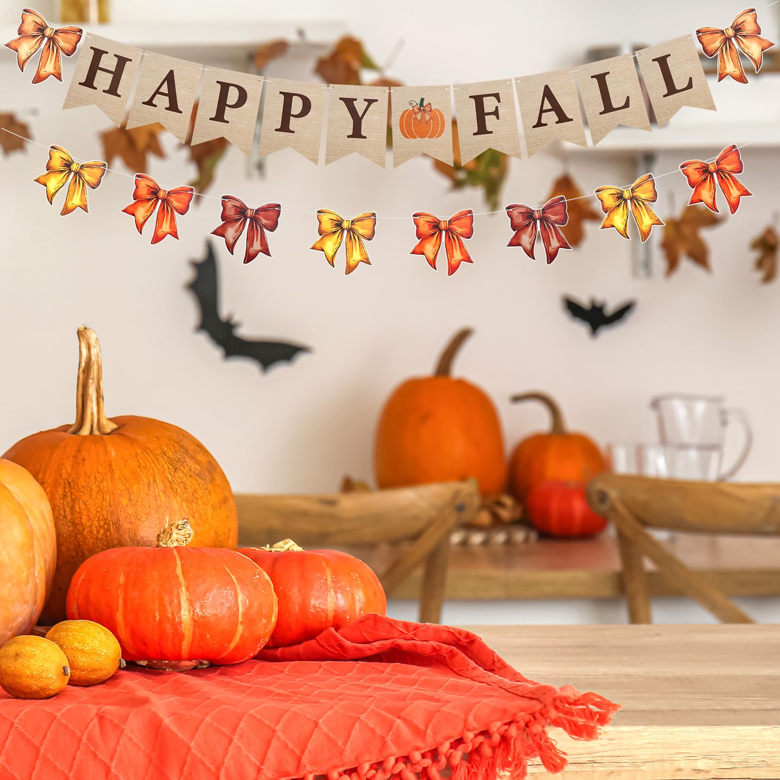 Oudain 2 Pack Happy Fall Burlap Banner with Bows Garland 6.56 ft Fall Banner Decor for Fireplace Autumn Bow Garland Paper Hangin
