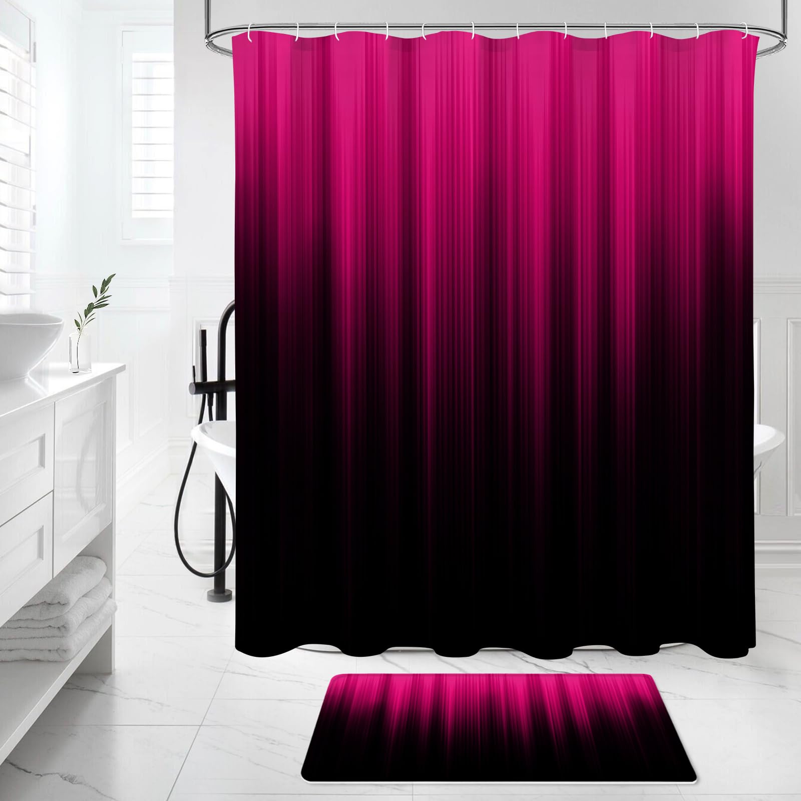 Litabel 4 Pcs Hot Pink And Black Gradient Shower Curtain Set With Rugs And Toilet Lid Cover, Modern Simple Waterproof Fabric Bat
