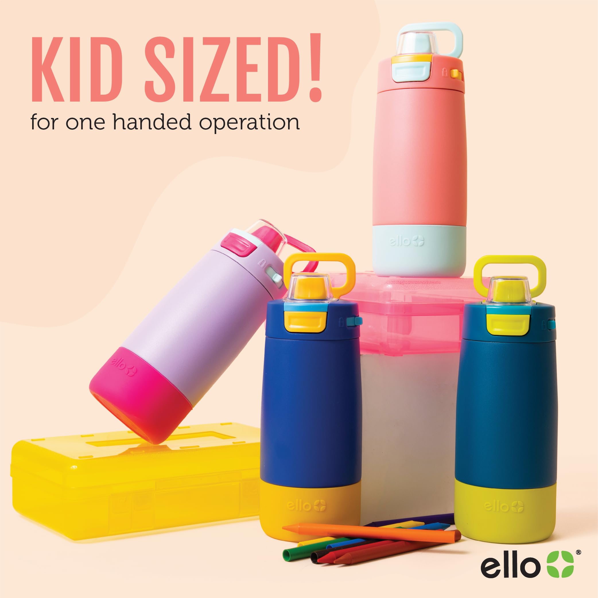 Ello Kids Colby 12Oz Stainless Steel Insulated Water Bottle With Straw And Built-In Silicone Coaster Carrying Handle And Leak-Pr